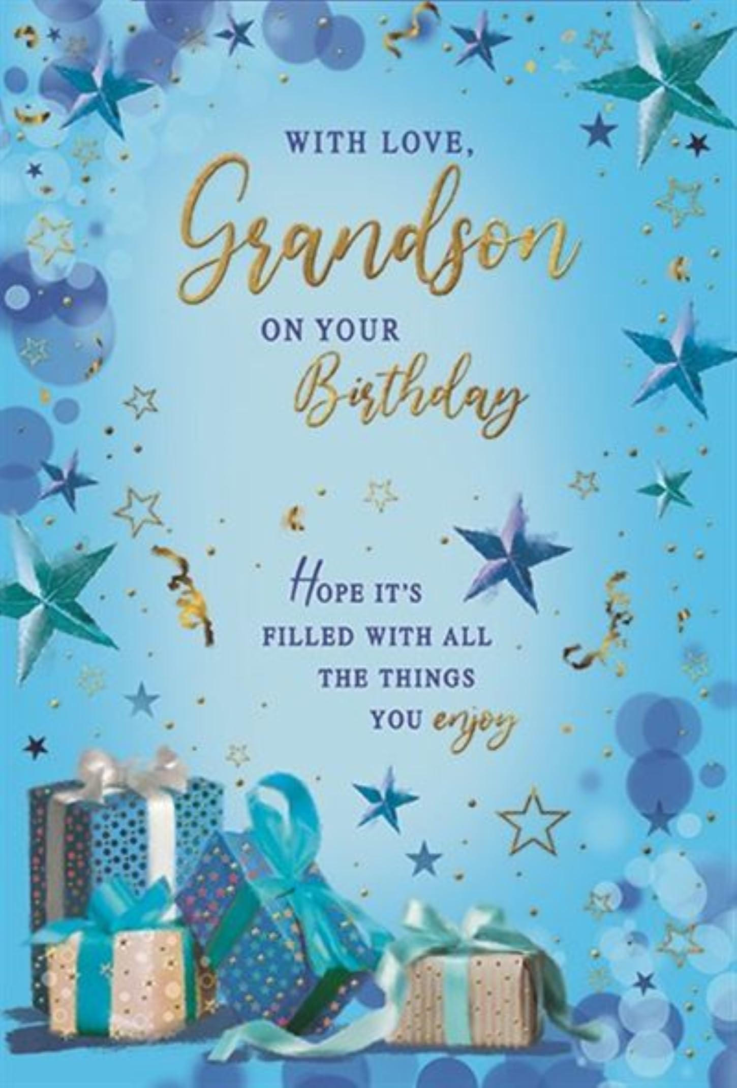 Cards Galore Online Multi Grandson Birthday Card - Blue Background With Presents Balloons Stars And Gold Foil 7.75X5.25