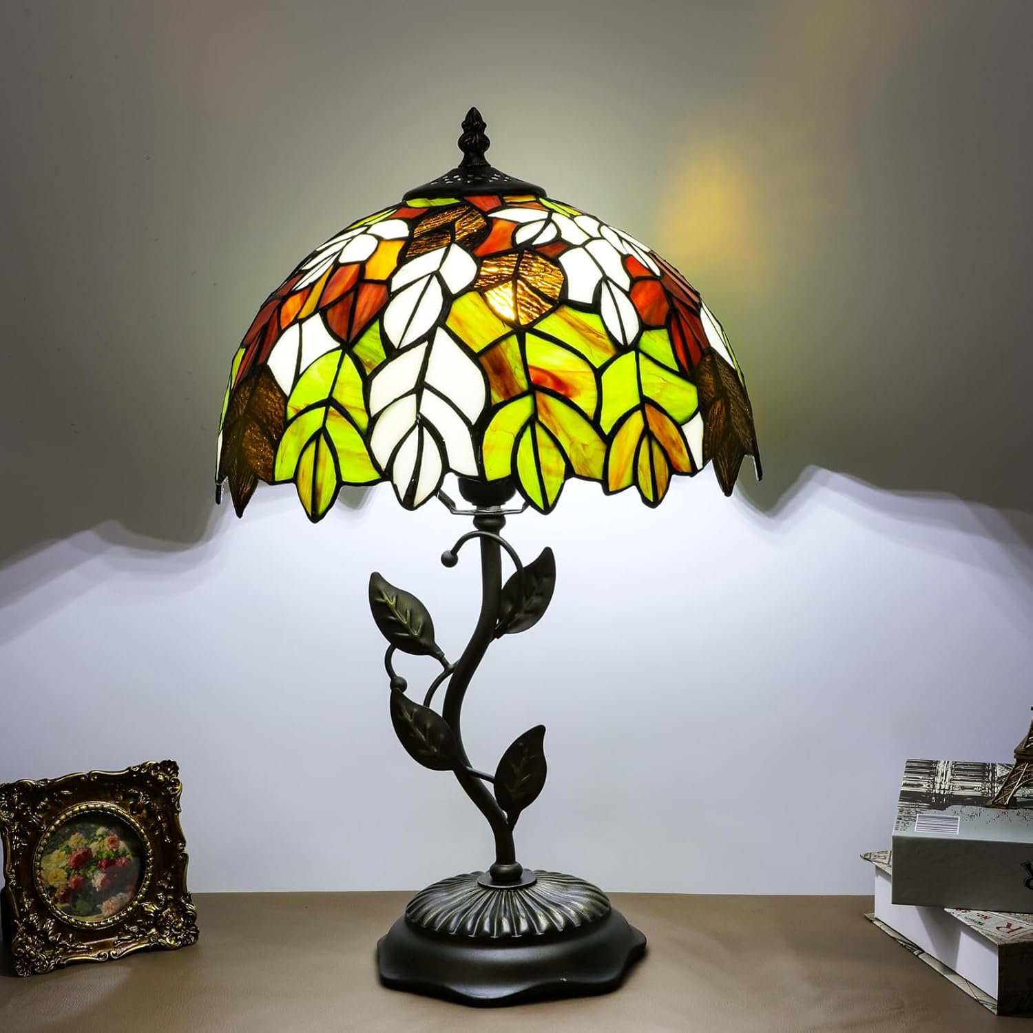 Stained Glass Table Lamp, Adjustable 3 Color Temperature, Maple Leaf Style Lampshade & Metal Leaf Base Desk Reading Light 12X12X19 Inches Decor for Bedroom Living Room Office