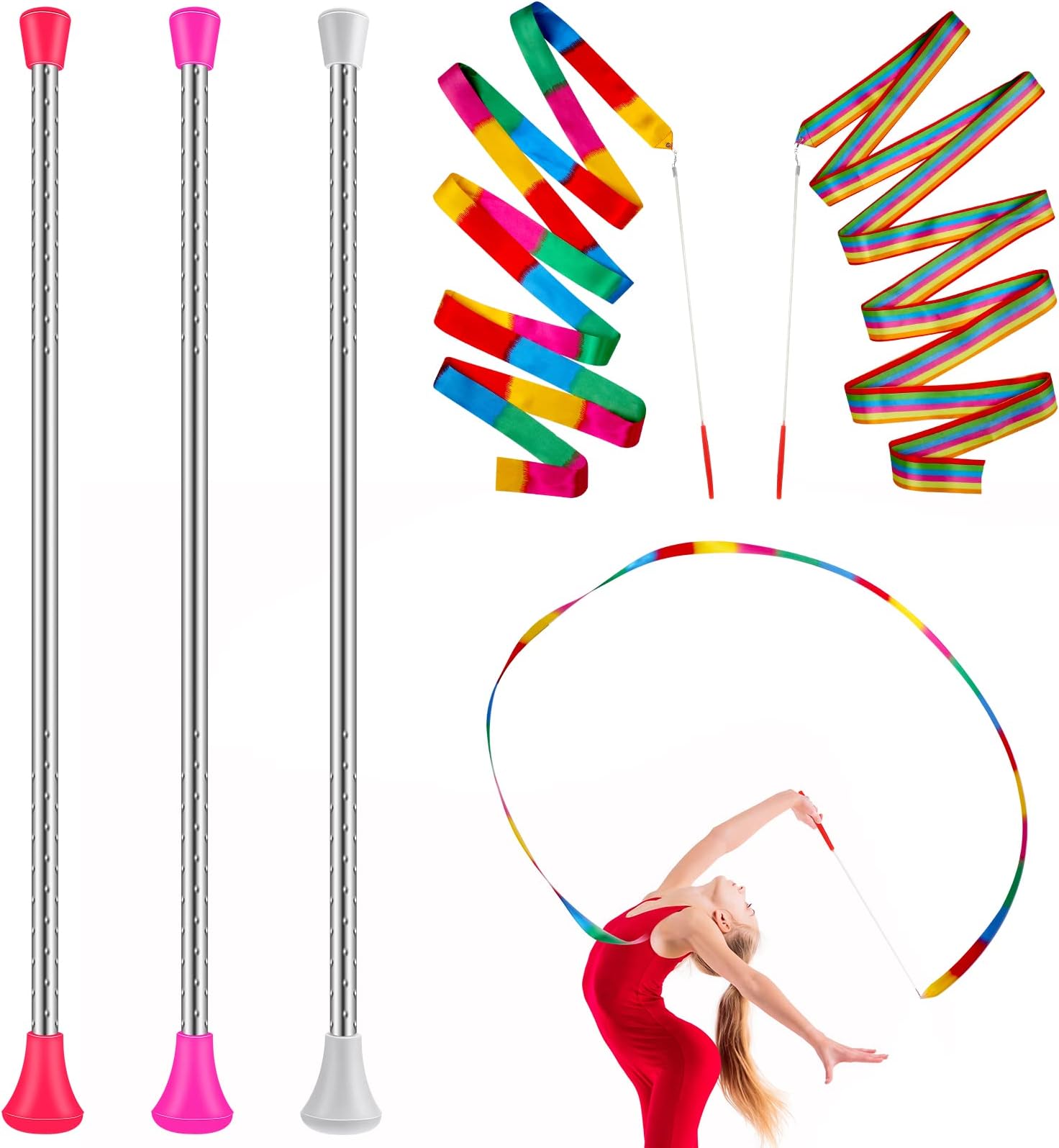 HyDren 5 Pcs Stainless Steel Twirling Baton with Dance Ribbons Rainbow Streamers Ribbon Dancer Wand Center Balanced Batons for Twirling for Dancing Band Gymnastic