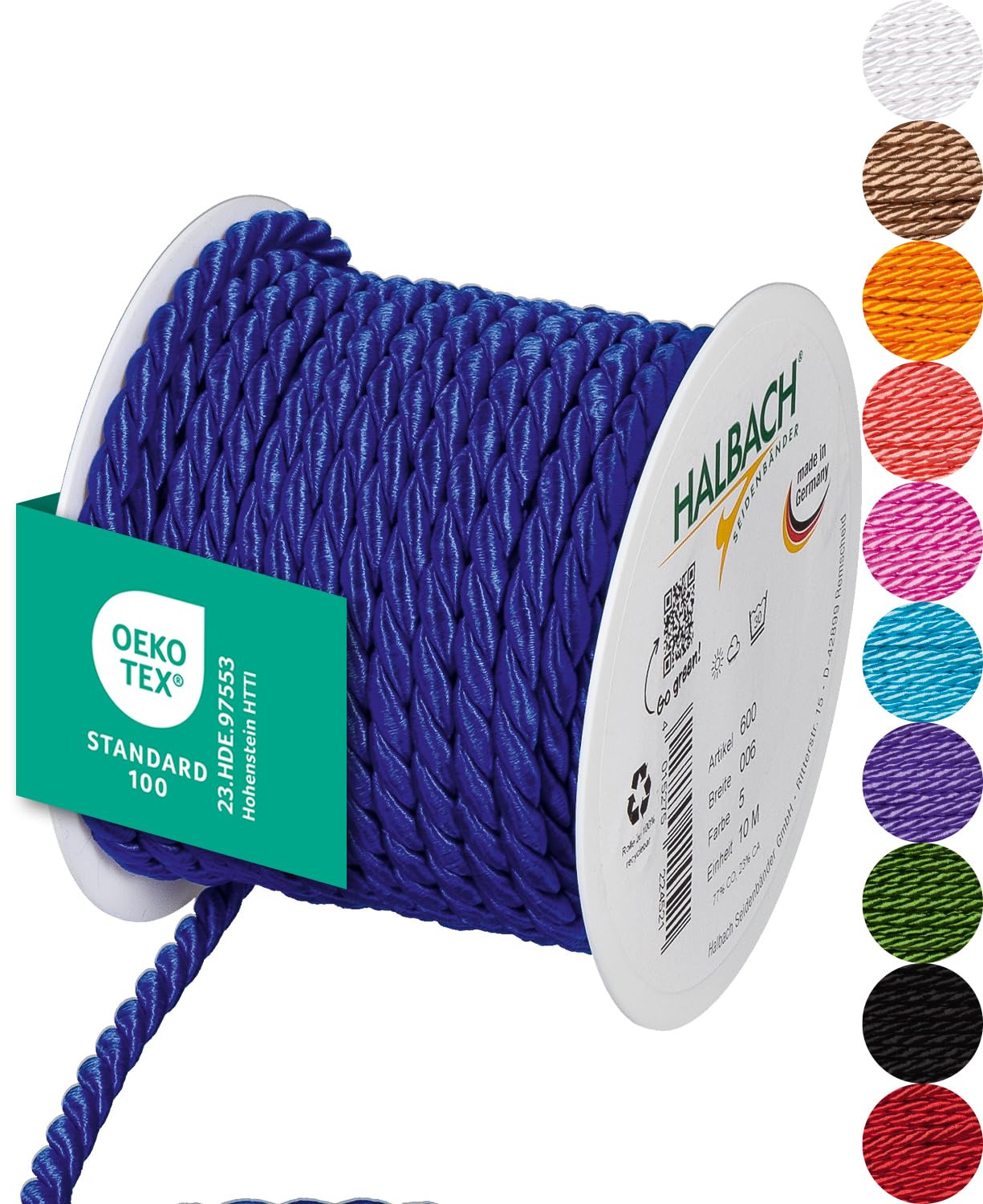 Halbach Seidenbänder Premium Kordel (blau) | Breite 6mm Länge 10m | Made in Germany & Öko-Tex Zertifiziert | glänzende Satinkordel aus Acetat