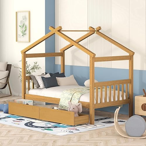 Cama de plataforma de madera con dos cajones, cama de casa tamaño individual con diseño de techo, patas de pino macizo, cabecera y estribo, cama