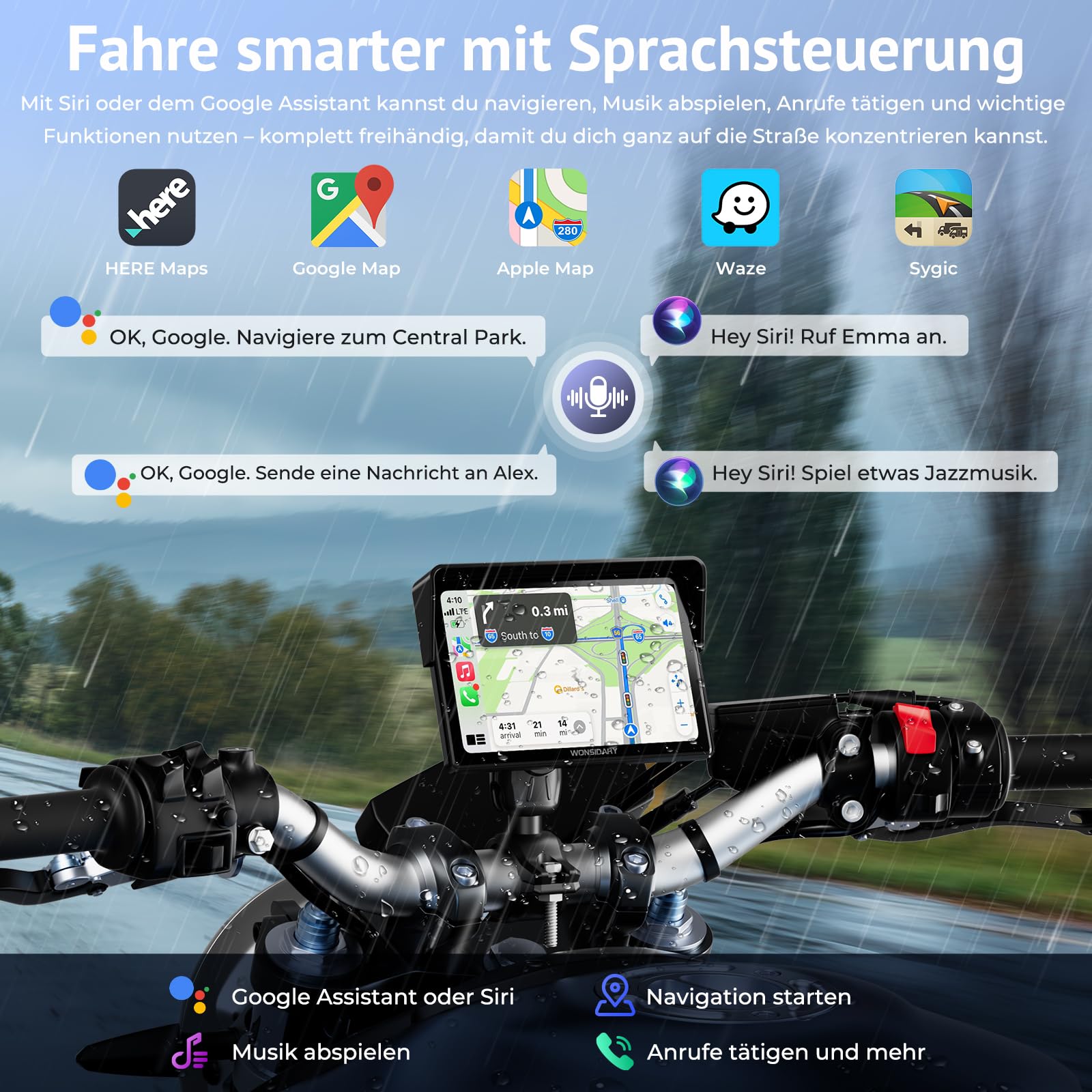 Kabelloses Motorrad CarPlay kompatibel mit Apple CarPlay & Android Auto,W522 5 Zoll IP67 Wasserdicht Touchscreen mit Dual Bluetooth,GPS Navigation,Sprachsteuerung,Equalizer,USB/Acc Stromversorgung