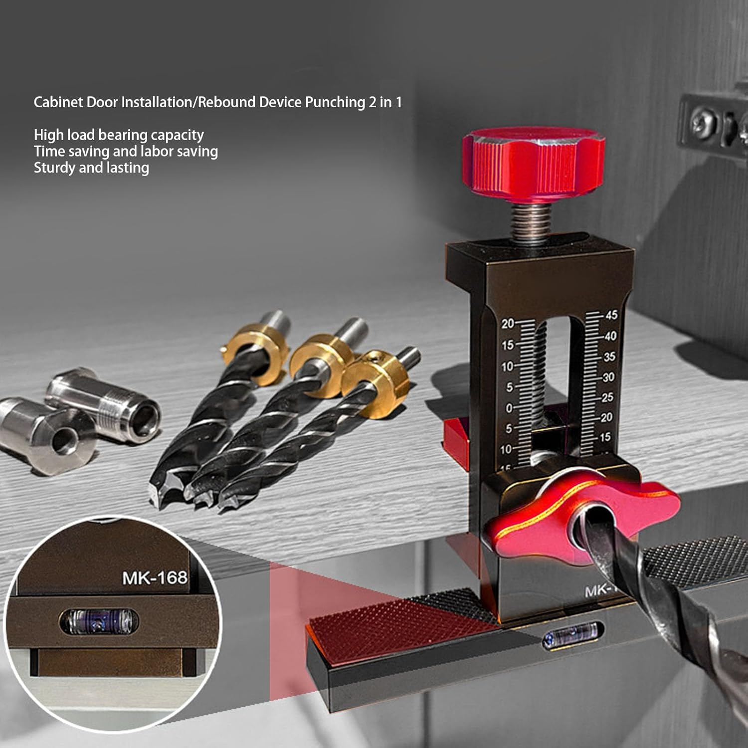 Fafeicy Cabinet Door Mounting Jig, Aluminum Alloy Material with Bubble Level and Dual Scale, Large Adjustment Knob for Wall and Base Cabinets 6mm 8mm 10mm Drill Bit