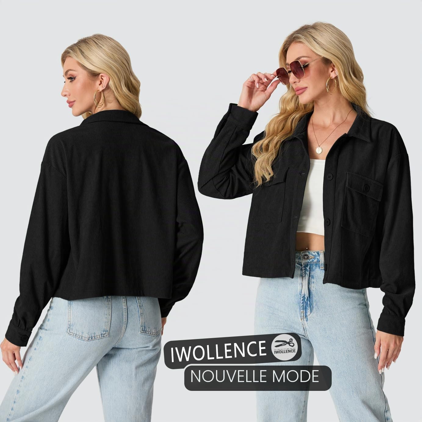IWOLLENCE Veste en velours côtelé pour femme - Manches longues - Revers - Boutonné - Manteau shacket