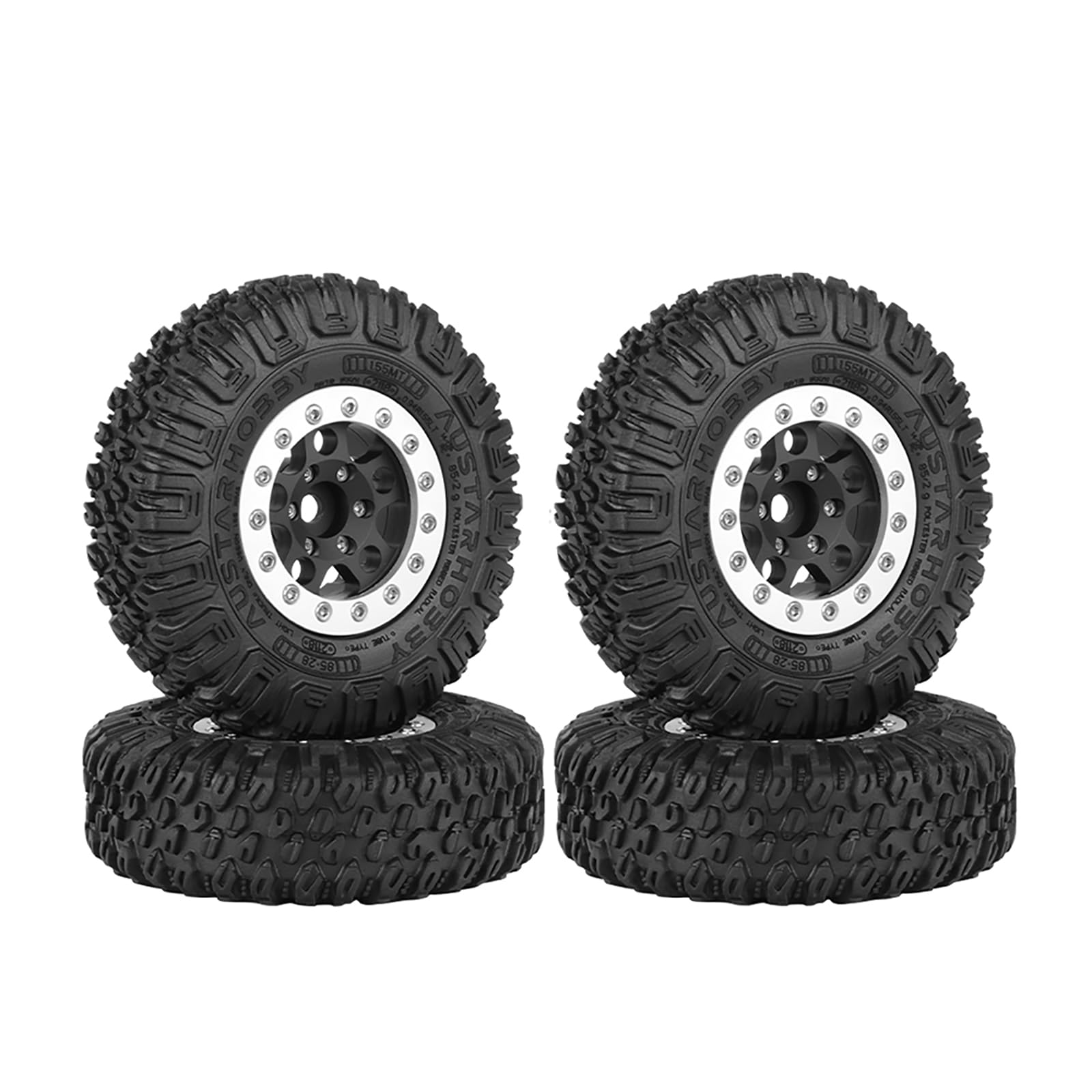 KINGCOO 4PCS 1.55Inch Aluminum Alloy Metal 5Spoke Beadlock Wheel Rims and Rubber Tires Set for 1/10 RC Rock Crawler Car for Axial AX90069 UTB18 D90 TF2 Tamiya Upgrade Parts (Black Silver, 85MM)