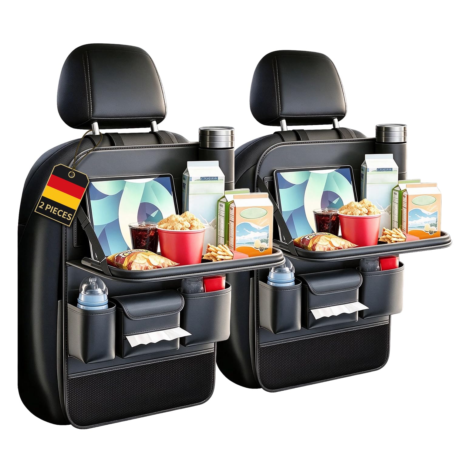 Organizzatore Sedile Posteriore Auto Pelle con Tavolino e Supporto Tablet，2 | Organizzatore auto in pelle premium con tavolino pieghevole e supporto tablet, ideale per bambini, famiglie e viaggi.
