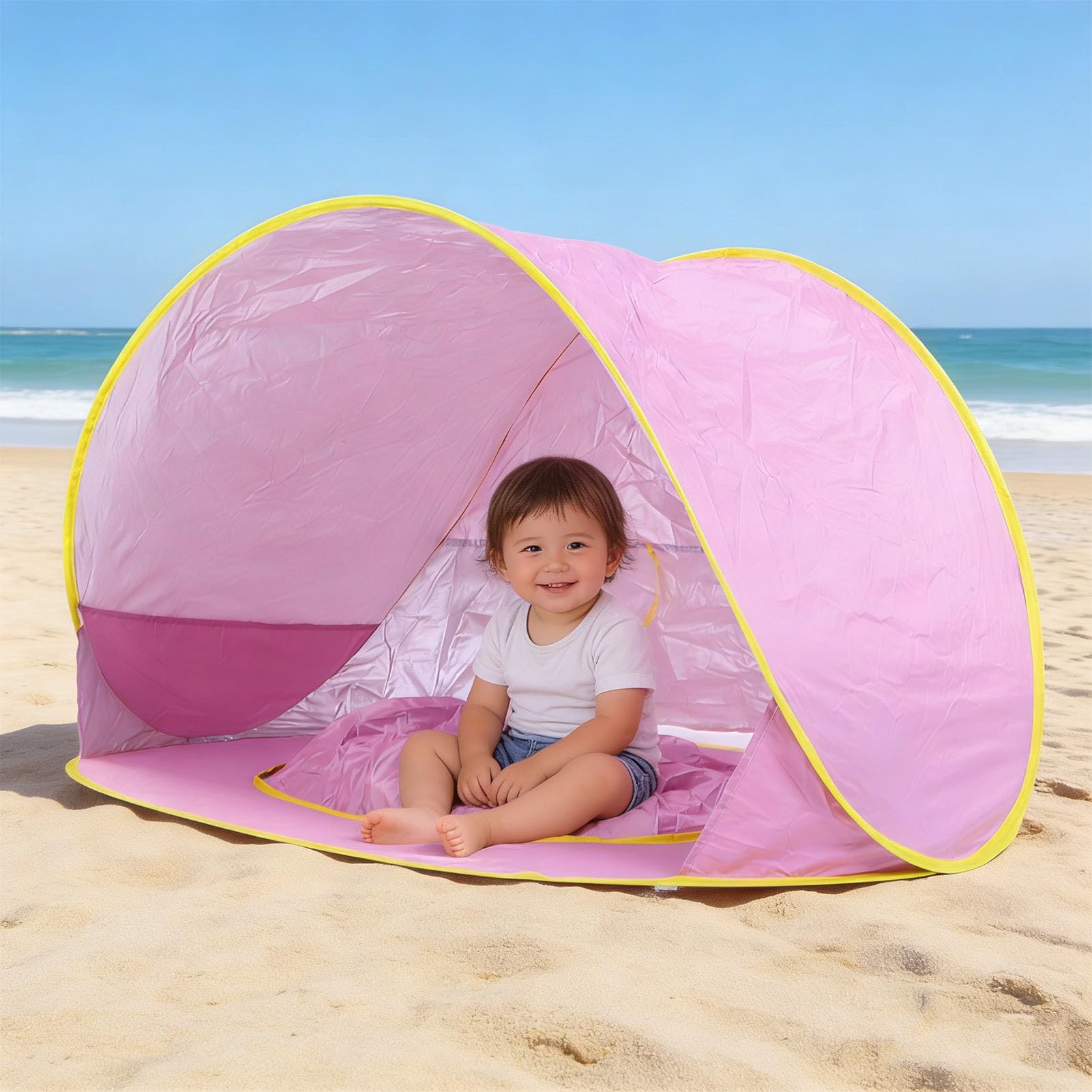 PUSOKEI Tenda da Spiaggia Pop-up con Parasole per Bambini con Piscina, Tenda da Gioco Portatile Leggera per Picnic da Campeggio All'aperto, Rosato
