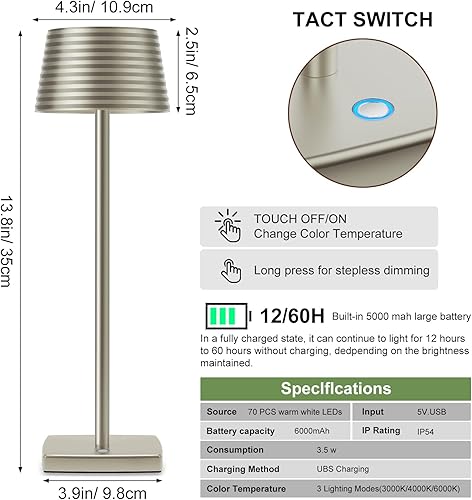 Miniatura 6 de Lámpara de mesa inalámbrica recargable, batería de 6000 mAh, carcasa de aluminio de metal, lámpara de escritorio portátil LED USB, 3 niveles de