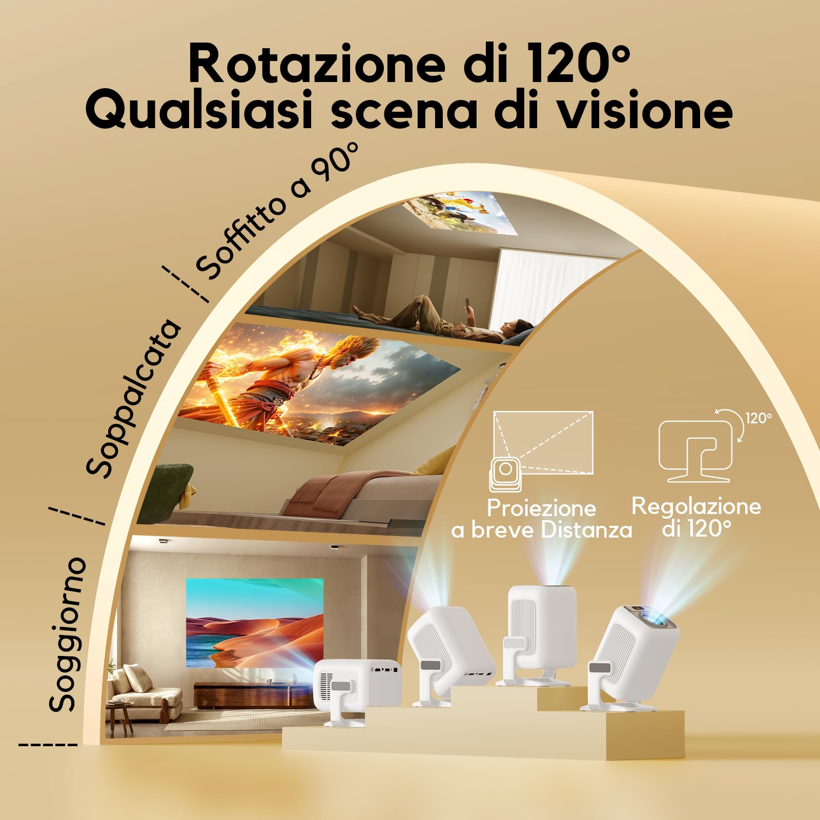 [Apps integrate & Auto Focus] AKIYO O4 Proiettore 4K con WiFi 6 Bluetooth 5.2, 1080P Nativo Proiettore Portatile Auto Keystone Rotabile 120°,per HDMI/USB/Smartphone