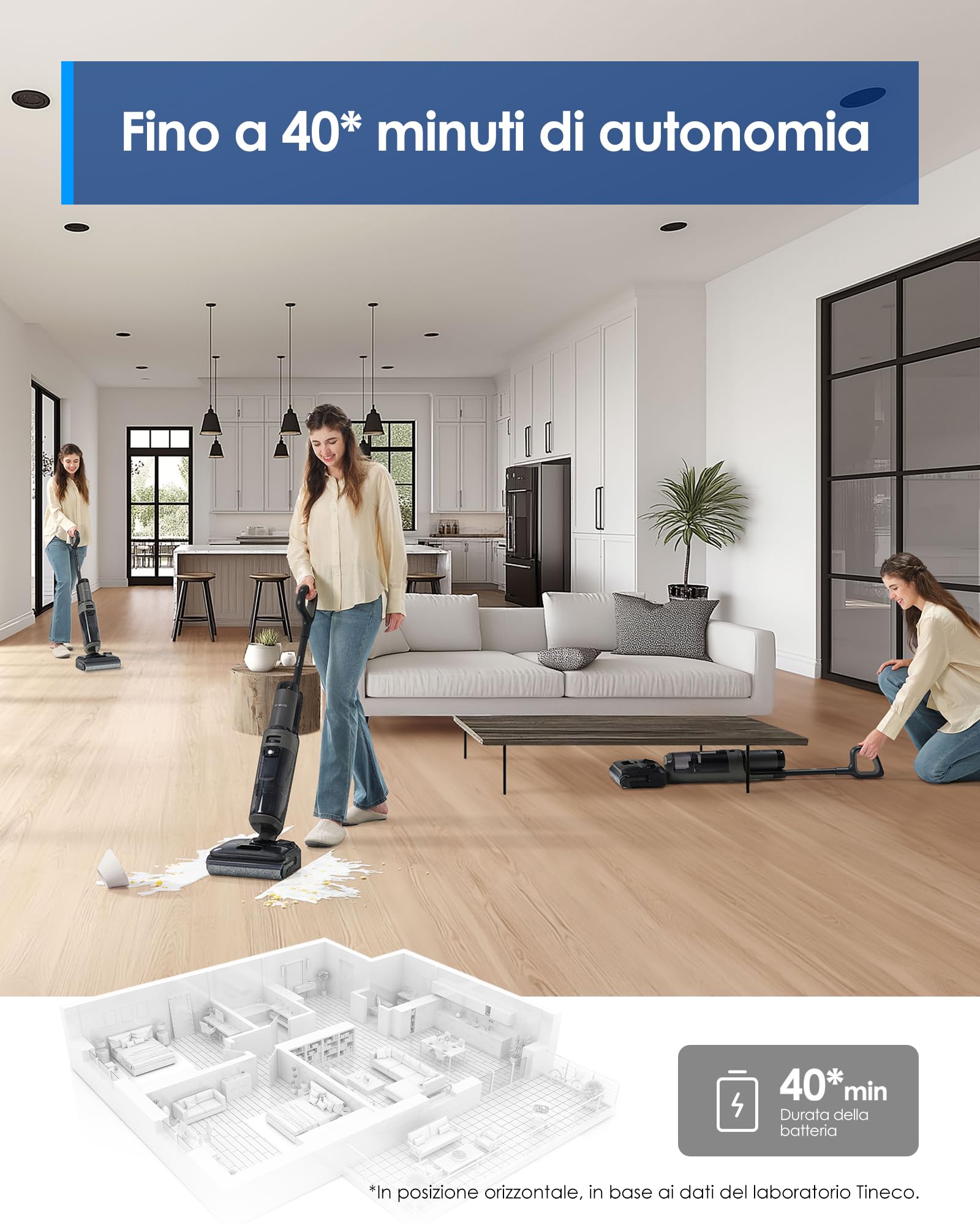 Tineco FLOOR ONE i6 Stretch, Aspirapolvere e Lavapavimenti 2 in 1, 20 000Pa, Design Piatto 180°, Anti-Groviglio, Autopulente, Asciugatura 85℃, 40 Min Autonomia, Batteria Pouch Cell