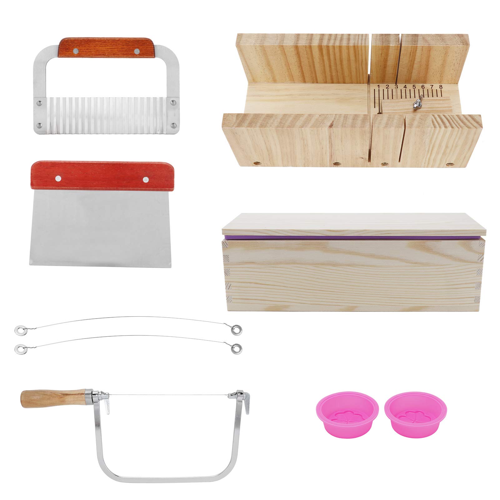 Cryfokt Zestaw Foremek do Mydła o Pojemności 1200 Ml, Sosna + materiał Silikonowy, Kompletna Produkcja DIY, 9 Sztuk ze Znacznikami Skali, Narzędzie do Robienia Ciast