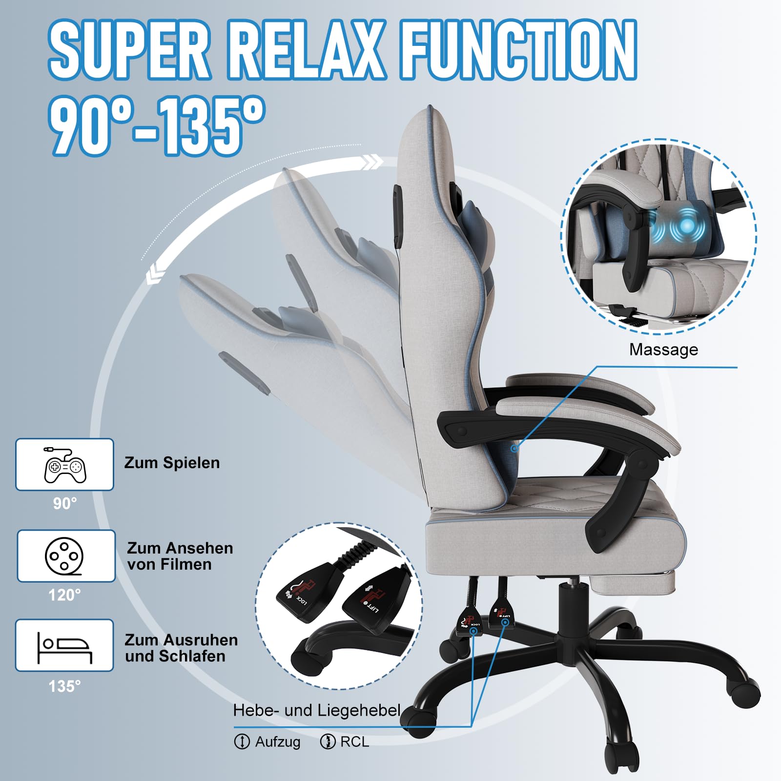 JUMMICO Sedia gaming in tessuto con imbottitura a molla, Sedie ufficio ergonomica con massaggiatore, sedia da gaming con poggiatesta, poggiapiedi, regolabile in altezza, portata 150 kg, Grigio & Blu