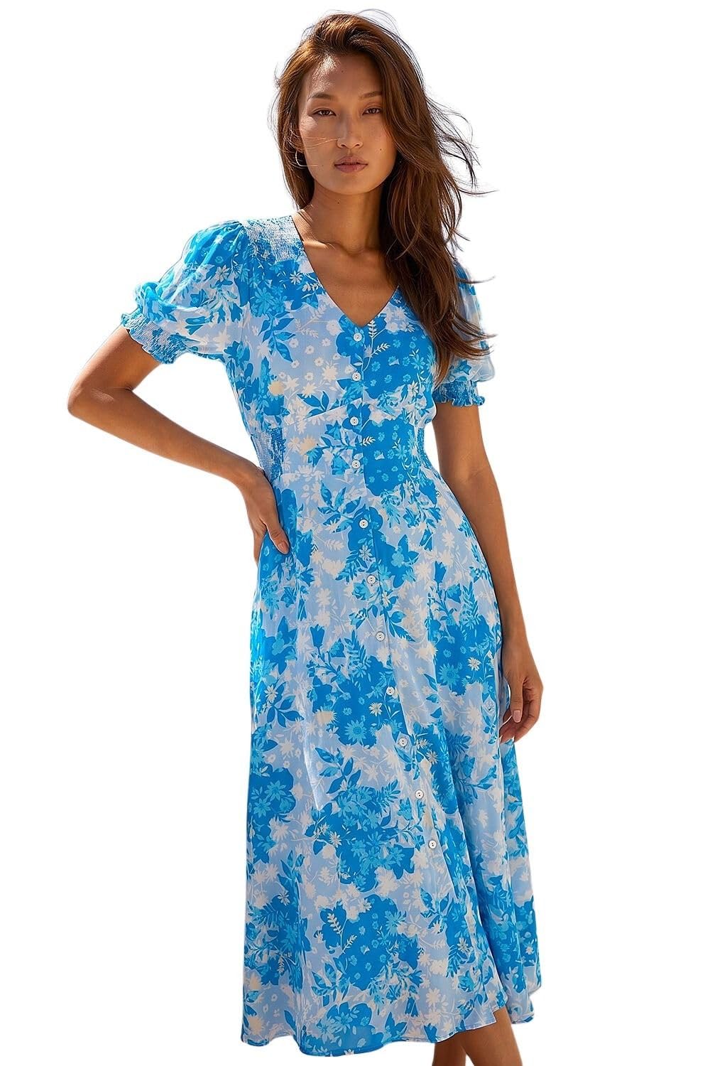 Roman Women's Blue Button Through Floral Shirred Midi Dress In | Size: 16
