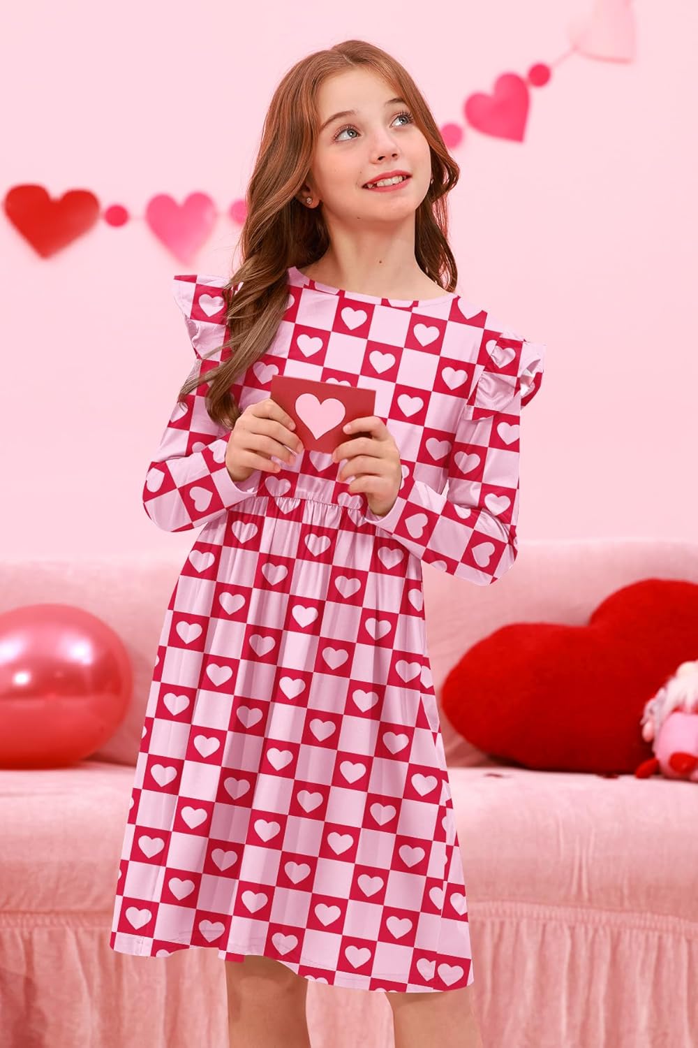 Girls Valentines Day Heart Dress St Patricks Day Ruffle Shoulder Midi Holiday Dresses 4-14 Years - Image 4