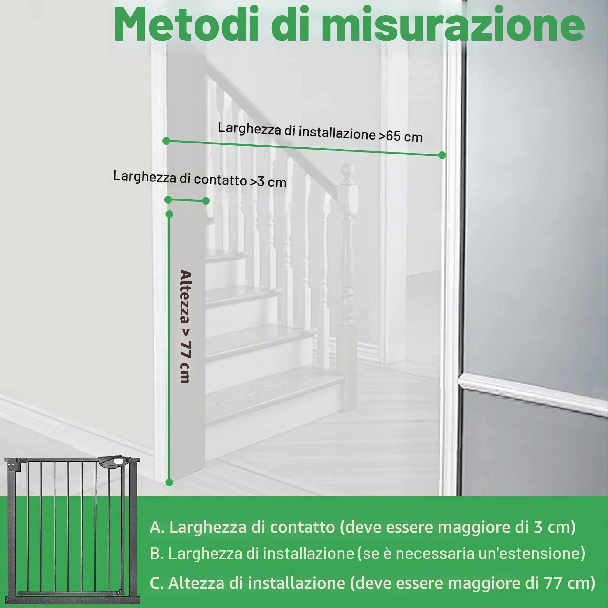 Yuenfong - Cancelletto di sicurezza per scale e porte, montaggio senza forature, per scale, sicurezza dei bambini, chiusura automatica, apertura sui 2 lati a 180°, larghezza 95 - 105 cm, nero