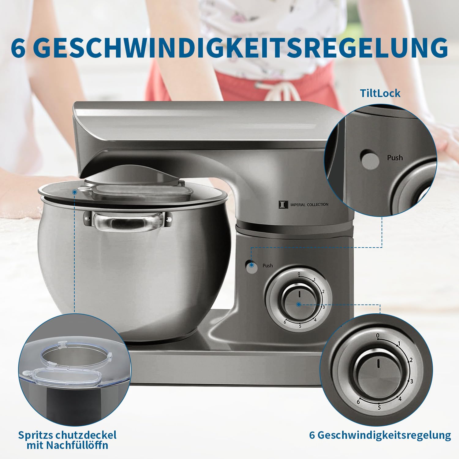 Produktbild von Imperial Küchenmaschine 1800W 5L Knetmaschine Patisserie Set Imperial Küchenmaschine 5L - 1800W Knetmaschine Mit 6 Geschwindigkeiten Imperial 1800W 5L Edelstahlschüssel Knetmaschine