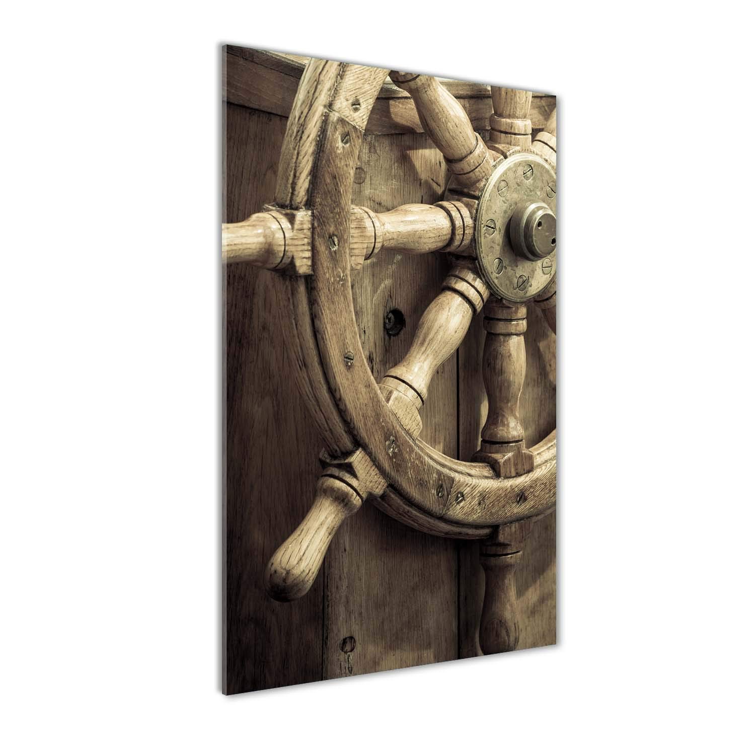 Mural Art en Verre Acrylique 70x140 cm - Tableau Plexiglas Brun Gouvernail de Yacht