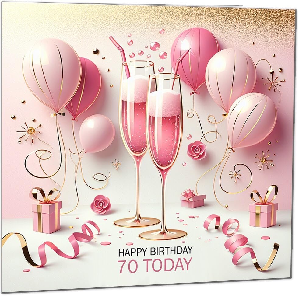 70th Birthday Card Womens Pink Fizz Design - Elegant Pink & Gold Birthday Card for 70 Year old womens Seventy, Seventieth