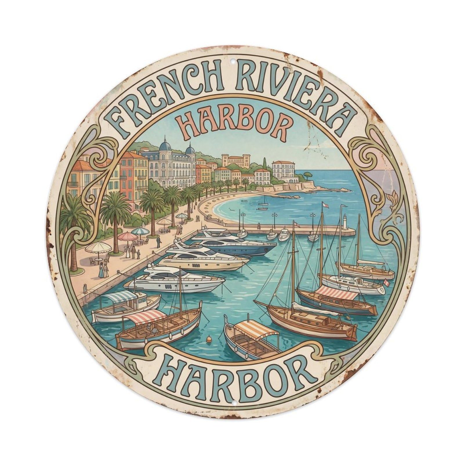 Vintage Travel French Riviera Harbor Bay Metal Tin Sign