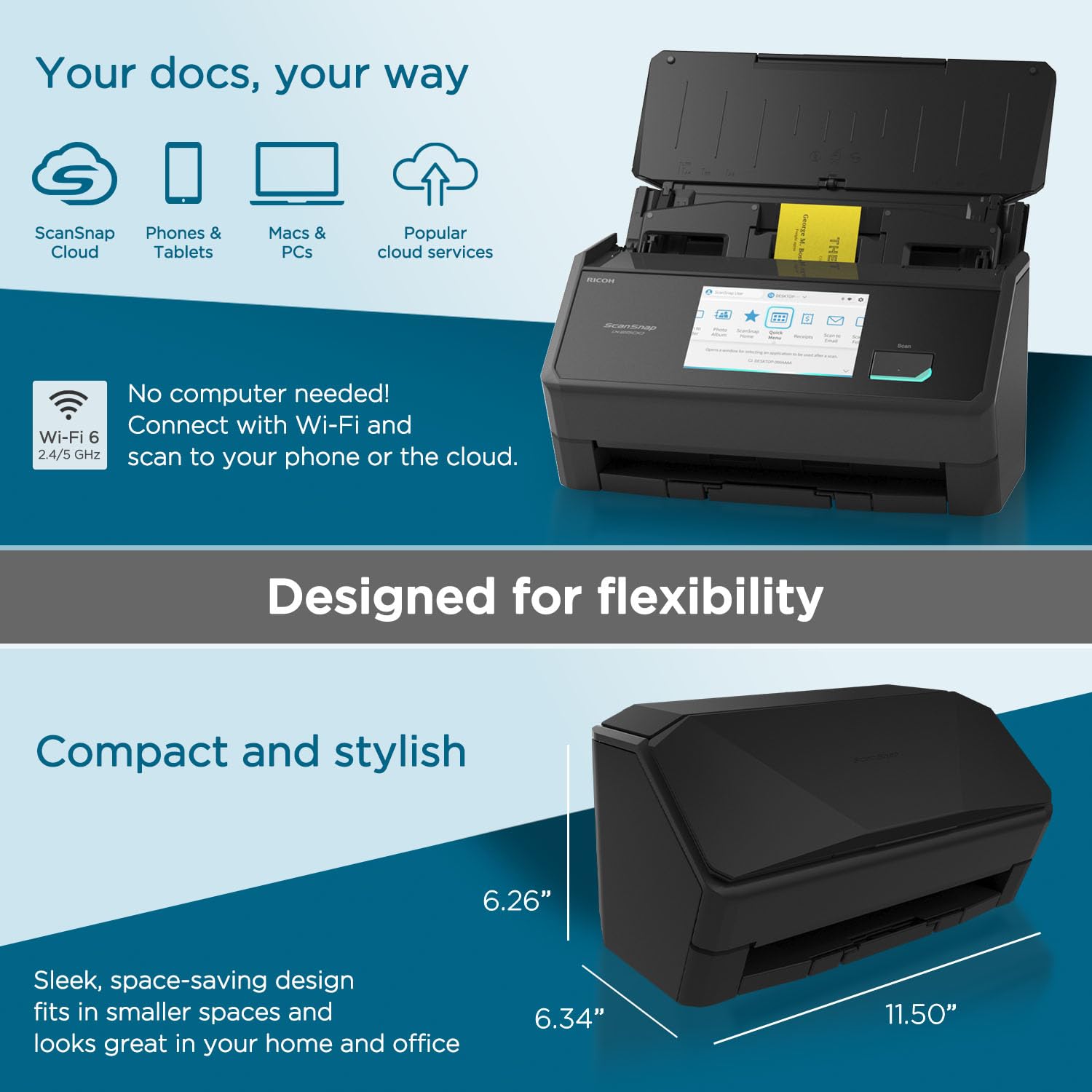 ScanSnap iX2500 Receipt Edition, Works with QuickBooks, Wireless or USB High-Speed Cloud Enabled Invoices & Receipts Scanner, 100 Page Auto Document Feeder for Mac or PC, Black — view 6