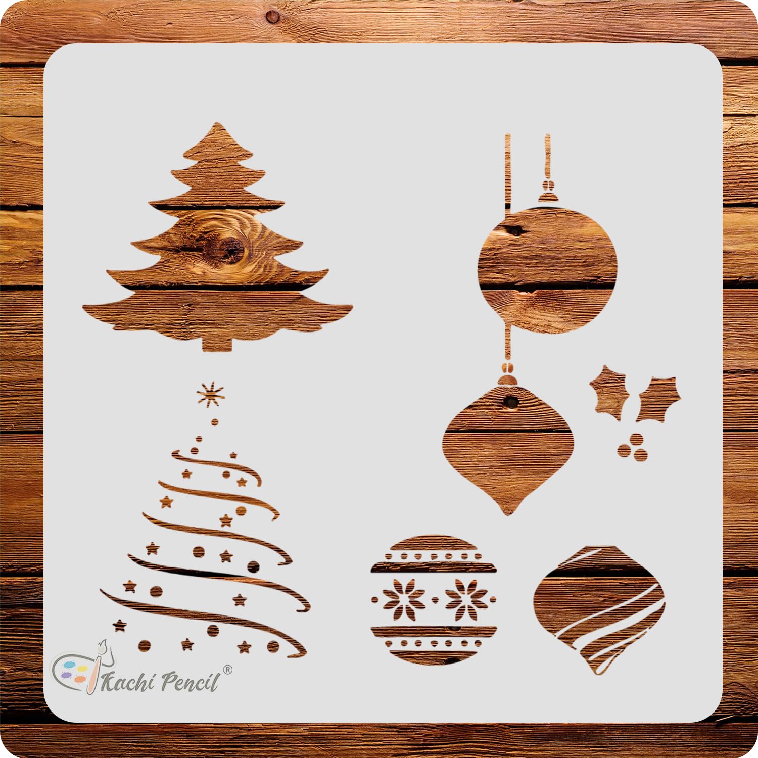 Kachi Pencil Christmas Design Assets Art and Craft Stencils for Painting, Size 6 x 6 inch Reusable Stencil for Painting, Fabric, Glass, Wall Painting, and Craft Painting