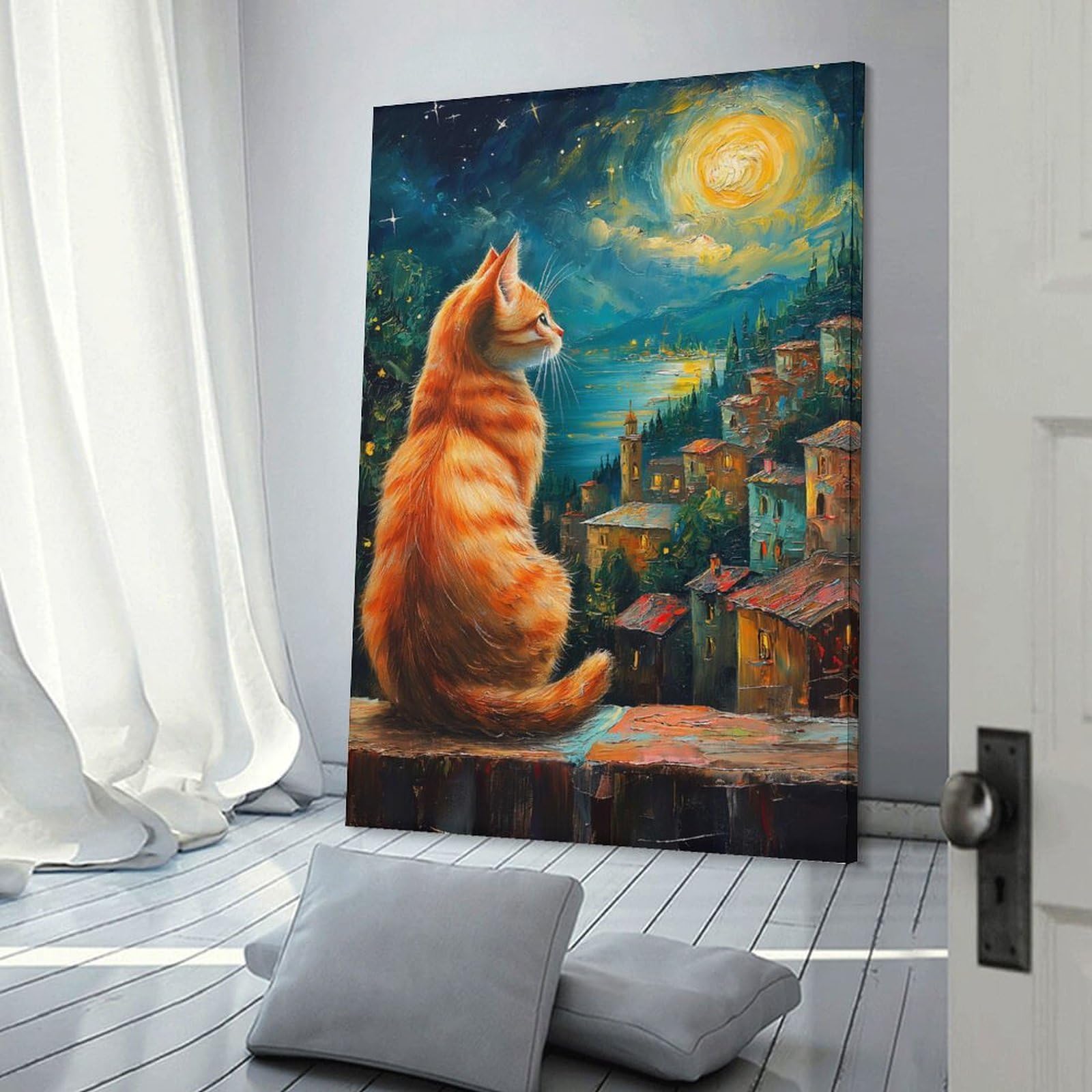 Junmoney Cat Gazing at A Moonlit Village Room Decor Wall Art, 20x30inch(50x75cm), for Office, Study Or Home Workspace, Decorative Artwork for Productive Spaces