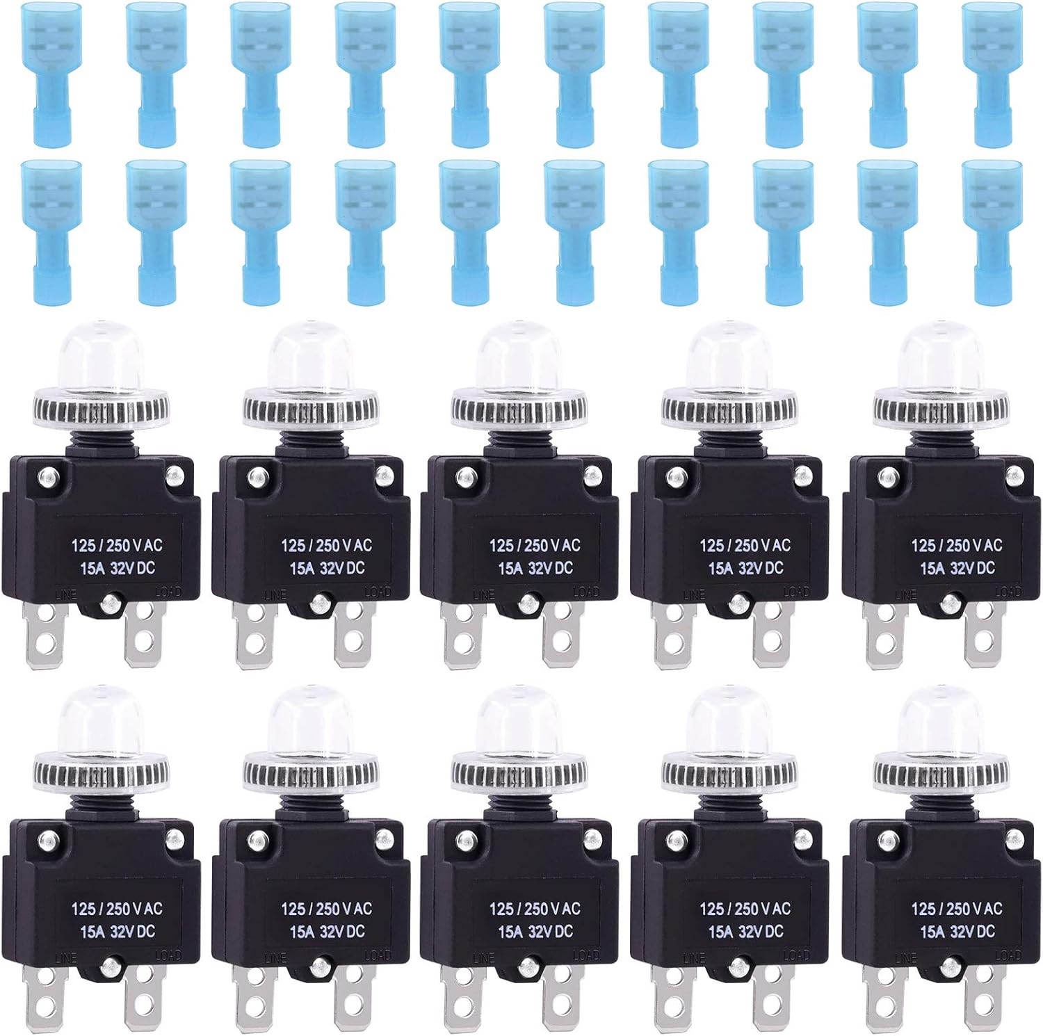 Glarks 30Pcs 15 Amp Circuit Breakers Thermal Overload Protector Switch with Manual Reset 32VDC, AC125-250V With Quick Connect Female Spade Terminal and Waterproof Button Caps - - 