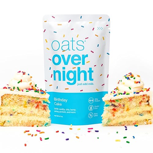 Miniatura 7 de Oats Overnight - Pastel de cumpleaños - Batido de desayuno de proteína de 0.71 oz - Sin gluten, 0.18 oz de fibra, avena sin OMG (2.7 oz por comida)
