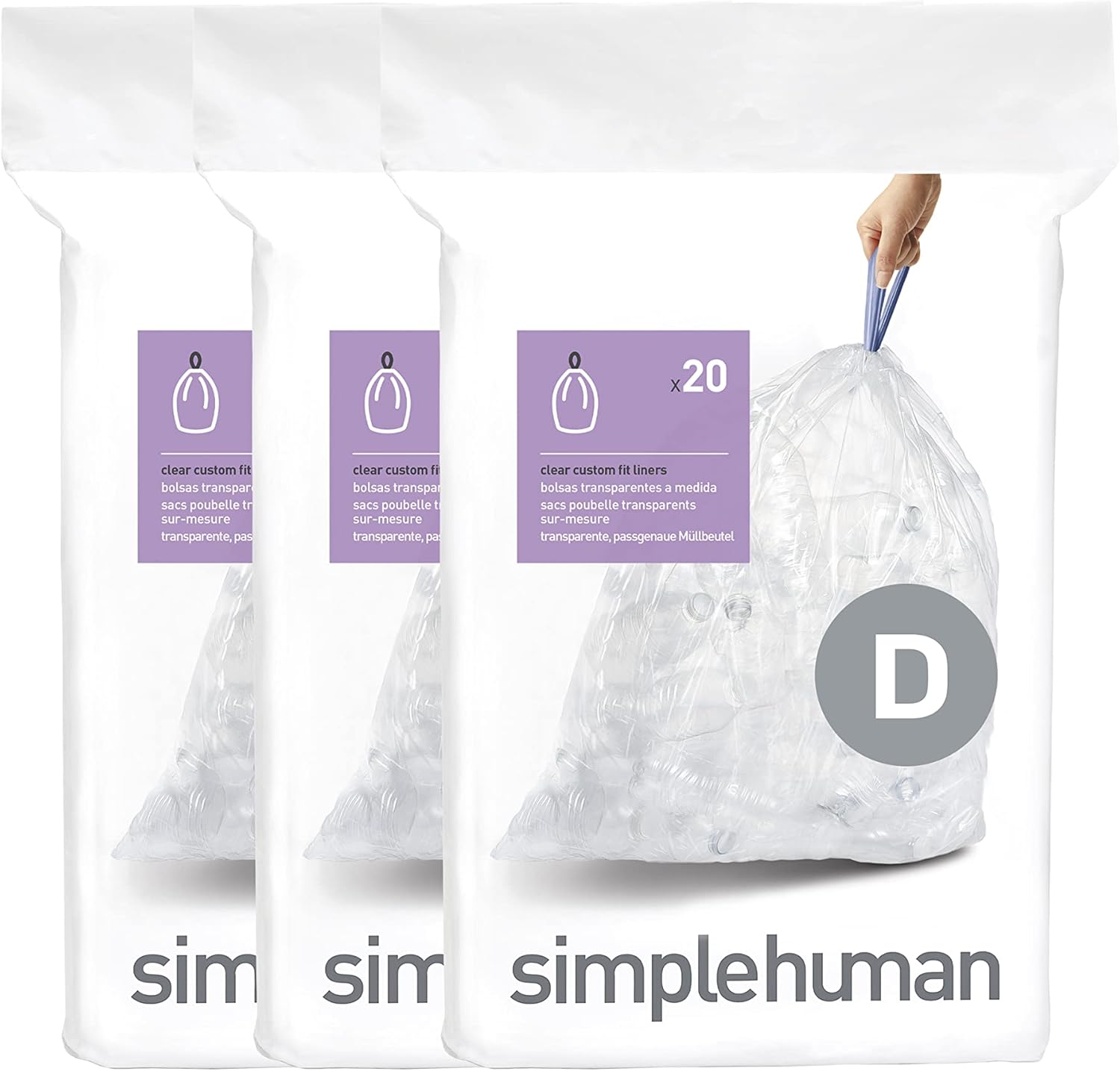 simplehuman CW0278 code D Custom Fit Bin Liner Bulk Pack, Clear Plastic (3 Pack of 20, Total 60