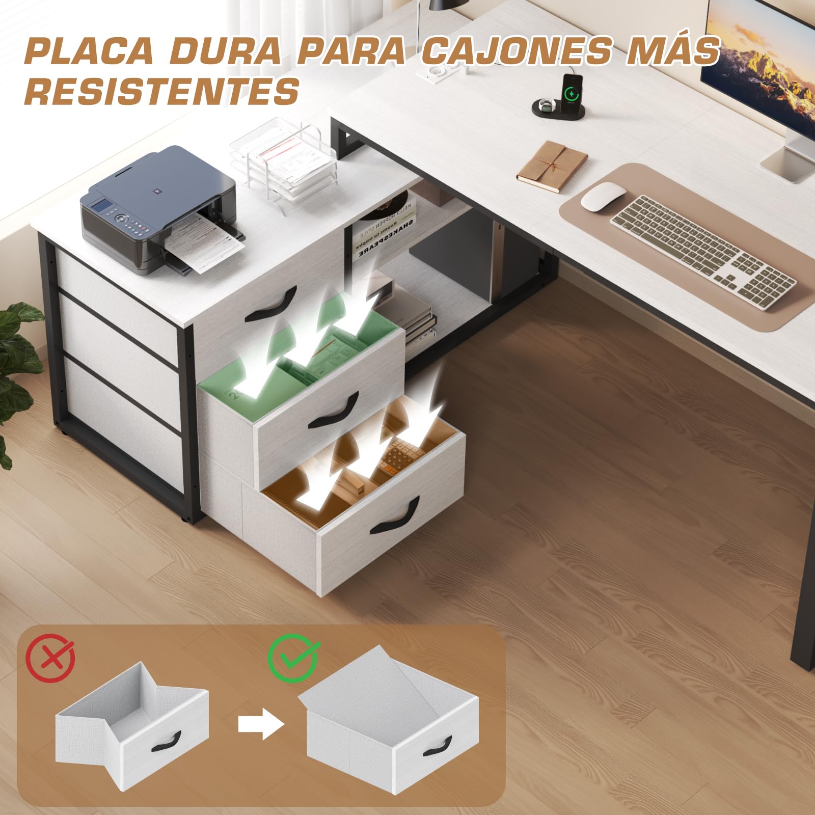 TRIUMPHKEY 140x105cm Escritorio Esquinero Reversible,Mesa de Ordenador con 3 Cajón,Estante de Almacenamiento,Escritorio en L con 2 Puerto de Carga USB y 2 Toma de Corriente para Oficina en Casa Gris