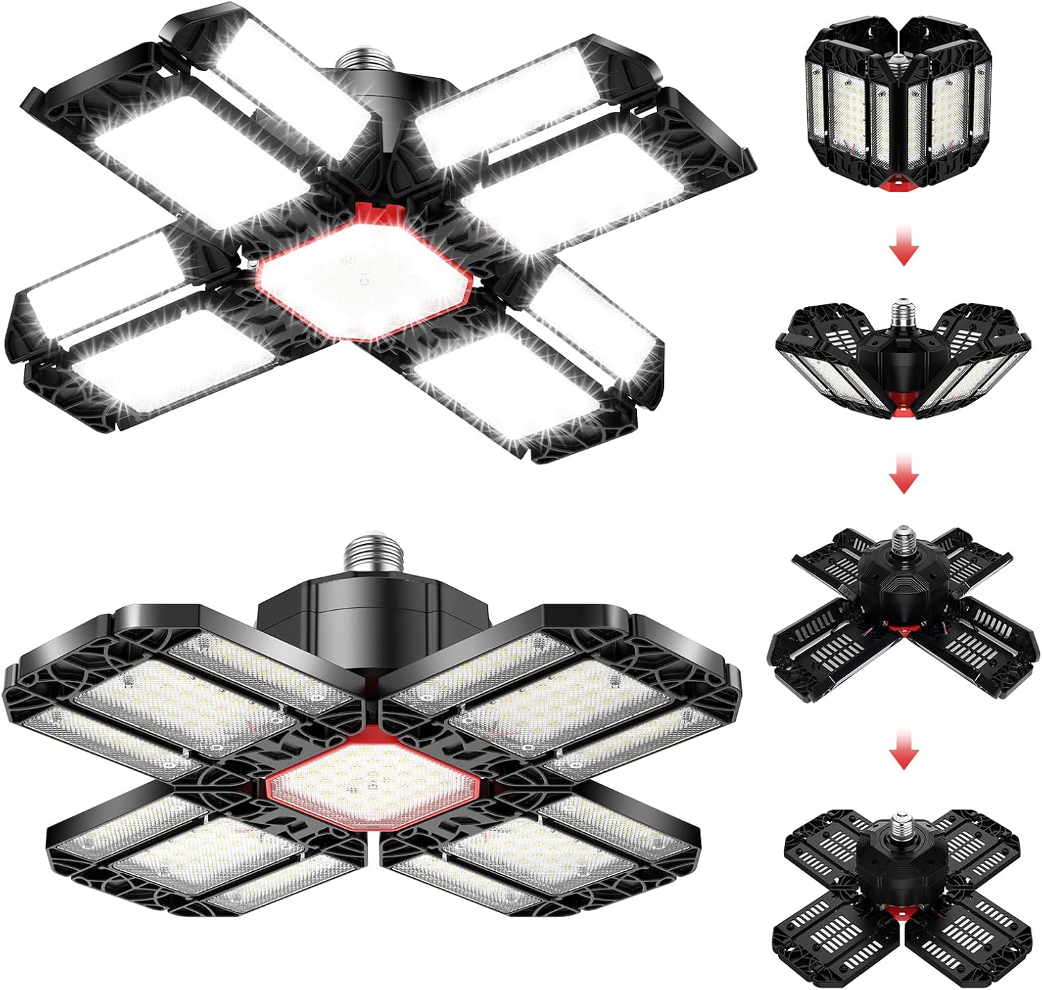 Rafow 200W LED Garage Lights - 2 Pack, 20000LM, 6500K, 12 Adjustable Panels Deformable Ceiling Lighting Fixture - E26/E27 Bay Light for Garage, Basement, Shop, Workshop, Warehouse