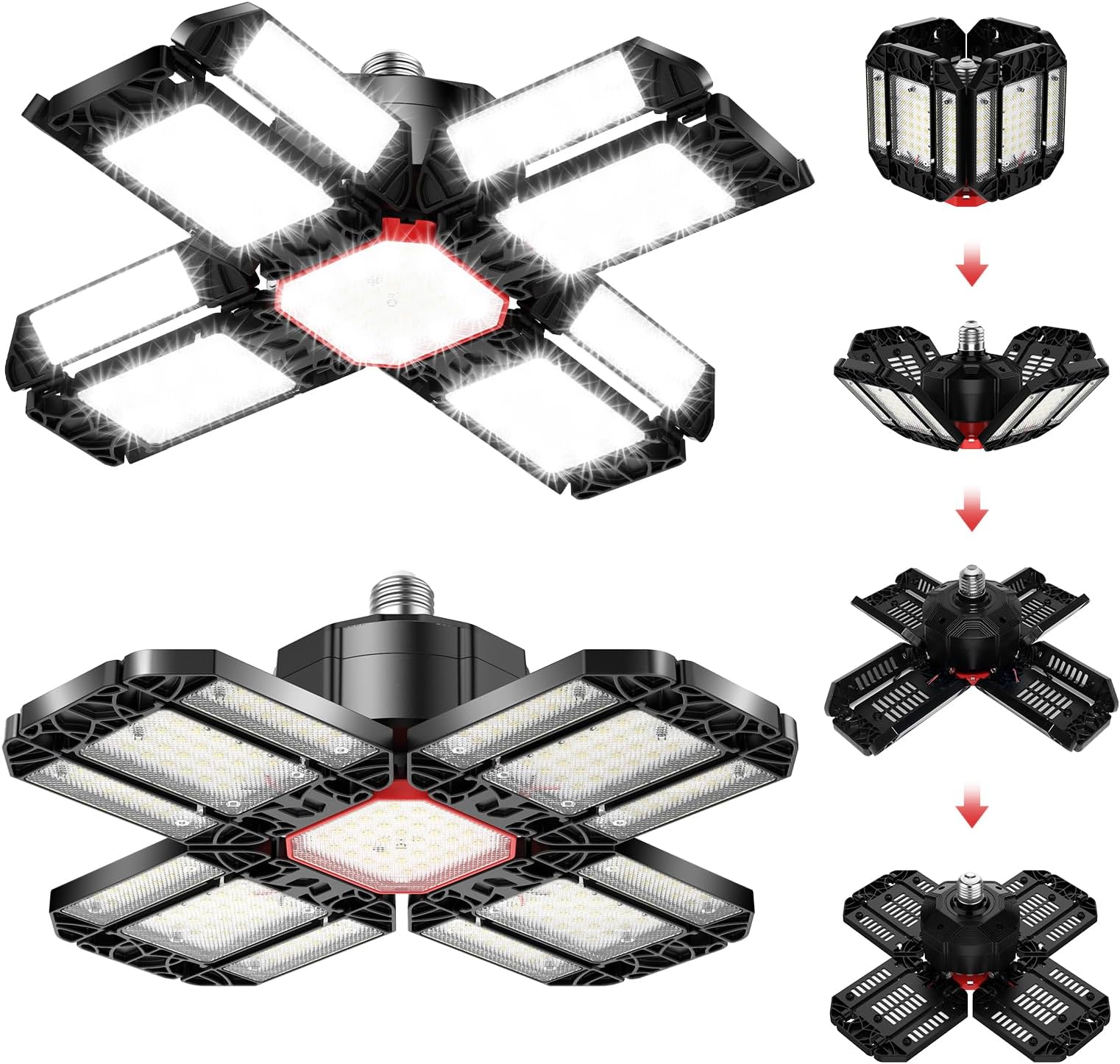 Rafow 200W LED Garage Light 2 Pack - 20000LM 6500K Deformable Ceiling Lighting Fixture with 12 Adjustable Panels - E26/E27 Bay Light for Garage | Basement | Shop | Workshop | Barn | Warehouse