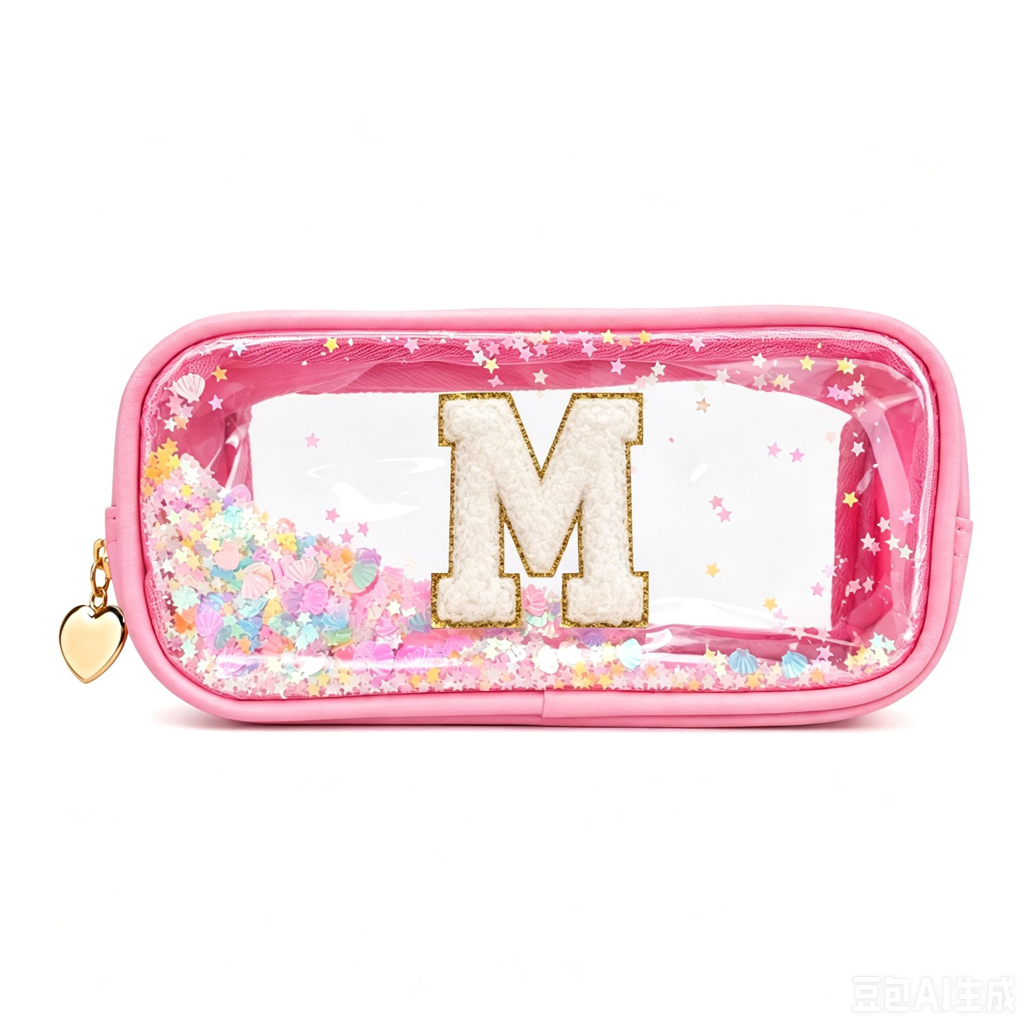 YCDKK The 26 Letters Clear Pink Pencil Case for Girls, Small Cute Transparent Pencil Case with A-Z Initial Design for School & Office, Portable Exam Zipper Pouch for Students, Teens & Women (M)