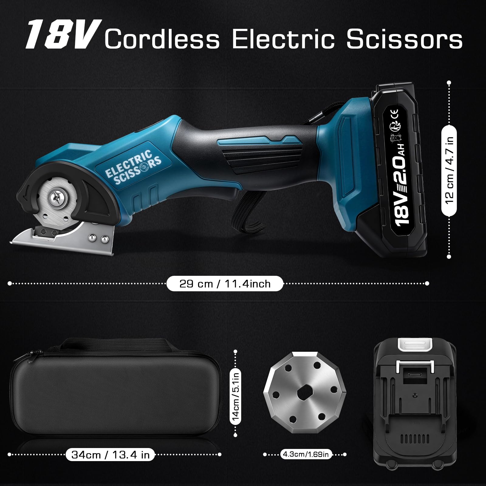 Forbici Elettriche Senza Fili, Profondità di Taglio 9 mm, 440 giri/min | Cutter rotante elettrico con batteria da 2000 mAh, 2 lame, display LED, compatibile con batteria Makita 18 V