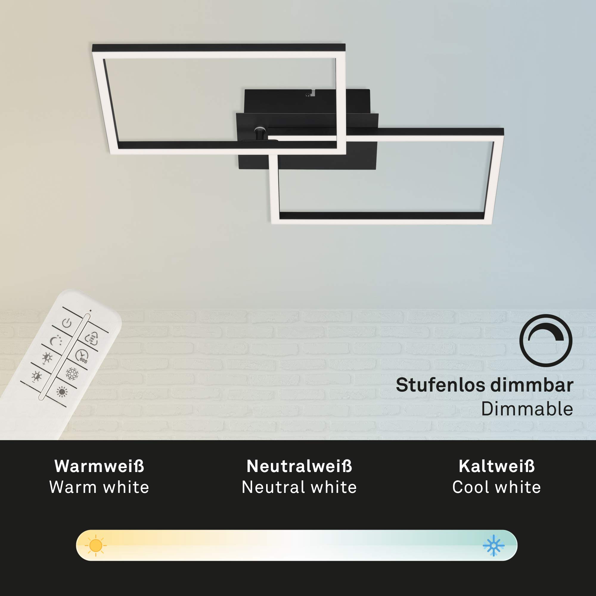 BRILONER - Lampada LED, Lampadario Dimmerabile, Plafoniera Soffitto con Telecomando, Regolazione Temperatura Colore, Funzione Luce Notturna e Timer, Nero, 500x388x78mm