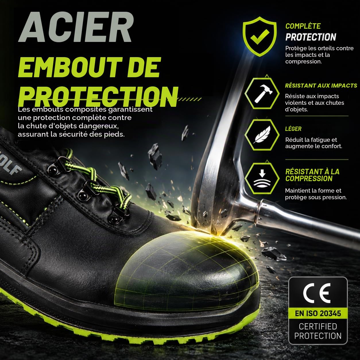 BWOLF Spyke S3 Bottes de Travail de Sécurité S3 Chaussures de Sécurité Hommes Chaussures de Sécurité Hommes Montante Imperméable 4x4 Grip, Noir/Vert
