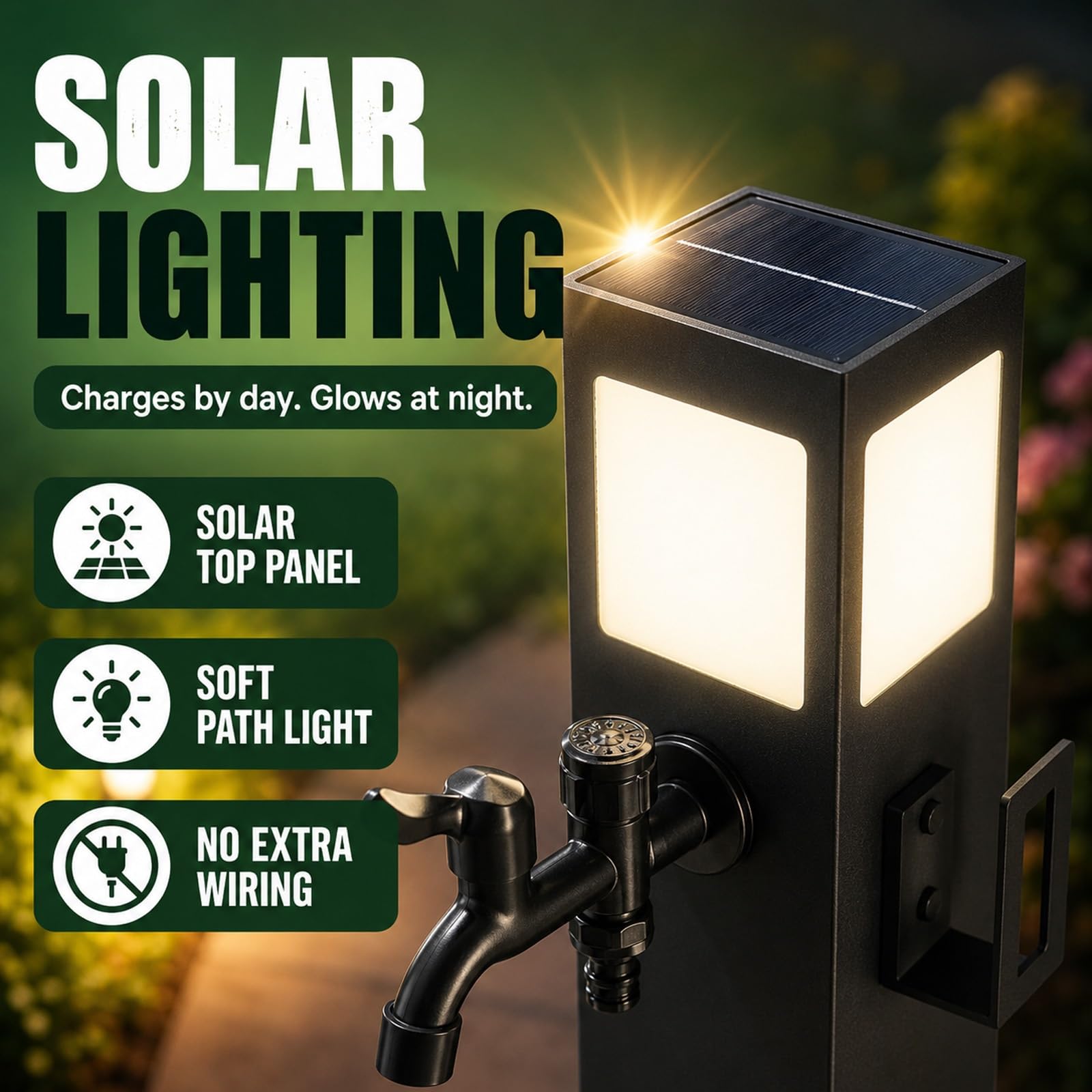 Columna de agua para exteriores con grifo, columna de acero inoxidable estación de toma de agua resistente a las heladas con luz solar para jardín, césped o patio