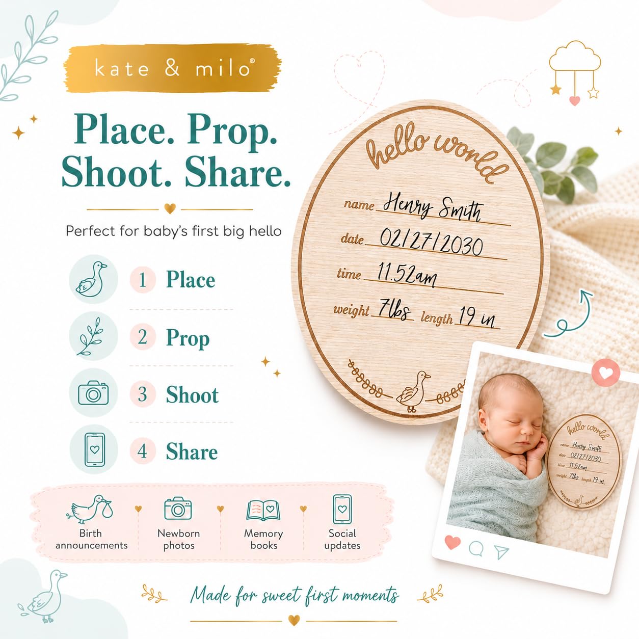 Kate & Milo Wooden Hello Baby Birth Announcement Photo Prop, Goose Design, Personalized Newborn Milestone Sign for Hospital and Newborn Photos