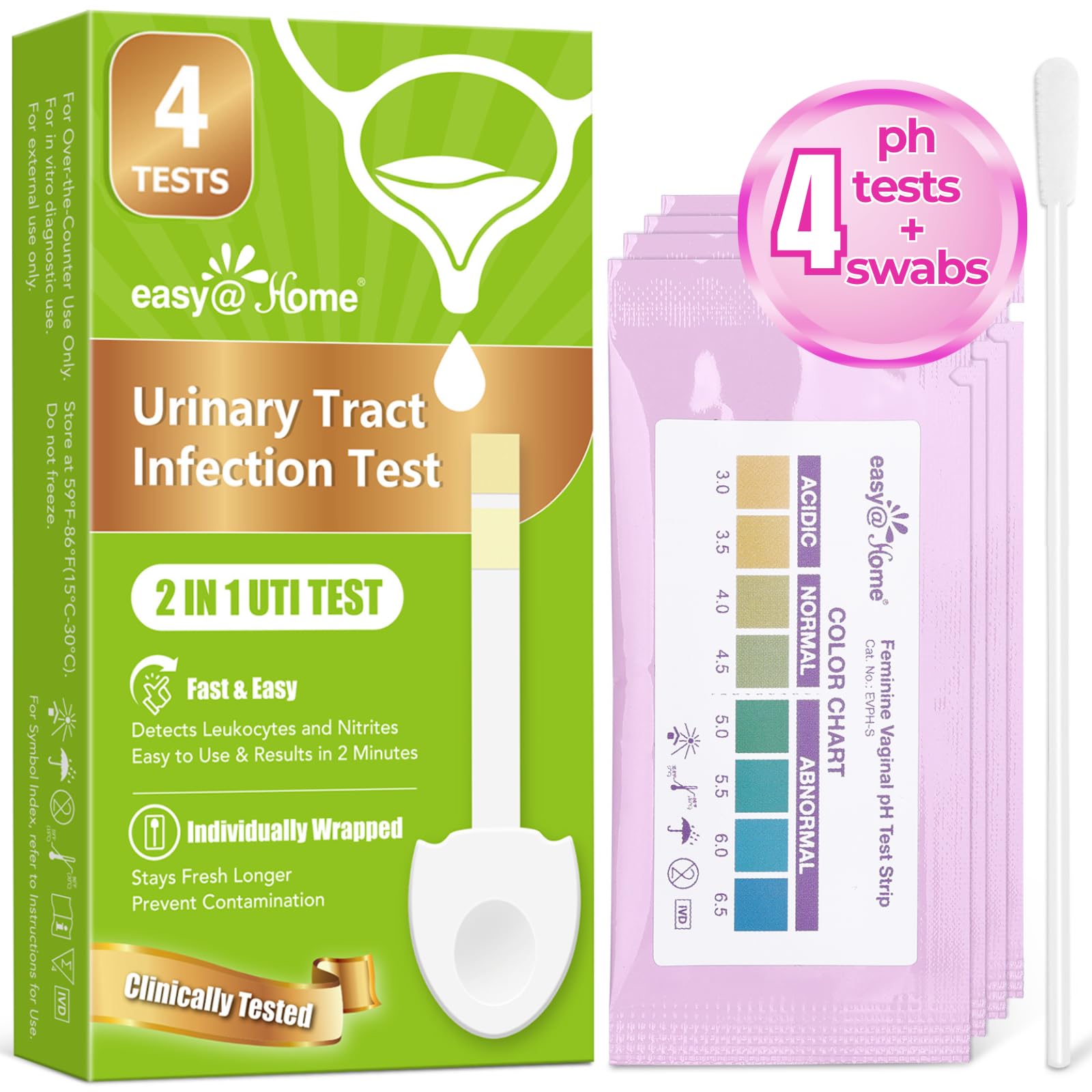 Easy@Home Vaginal pH + UTI Test Strips: Yeast Infection | BV Testing Kit for Women, Urinary Tract Infection and Vaginal pH Balance Test Strip Kits, 4 Urine Tests | 4 Vaginal pH Feminine Health Test