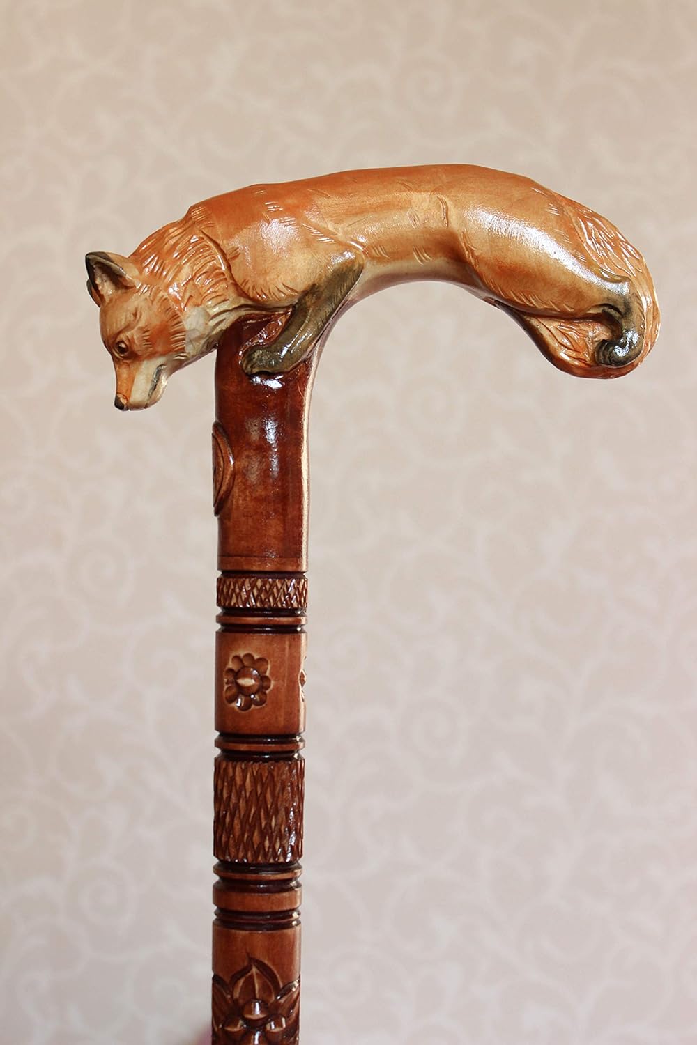 Fox Walking Stick Cane Hand Carved Hiking Handmade Wooden