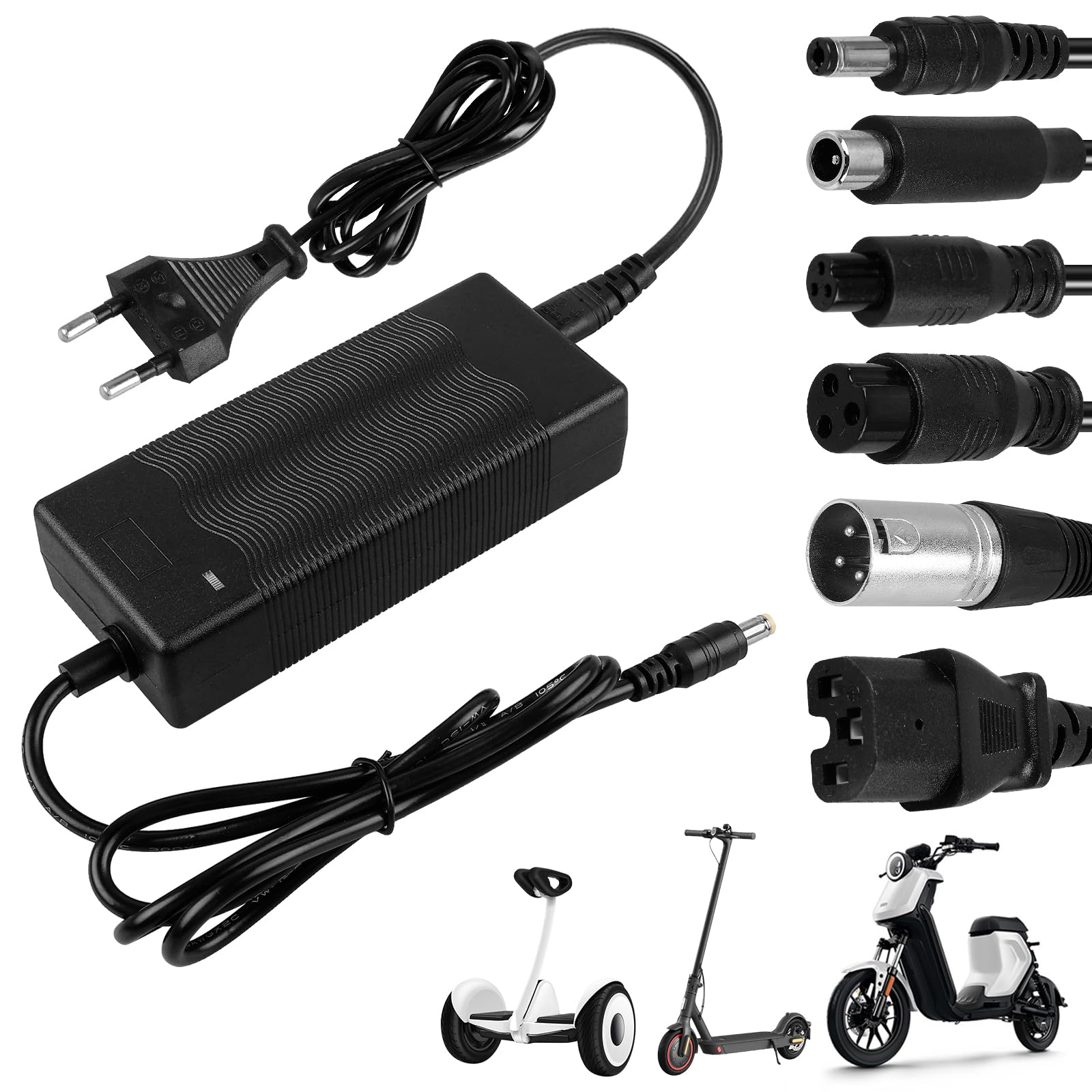 Caricatore Monopattino Elettrico: 42V 2A Caricabatteria per Scooter Elettrico con 6 Connettori, 36V Caricatore Monopattino Elettrico per Hoverboard, Xiaomi Scooter, Bici Equilibrata, Drifting Board