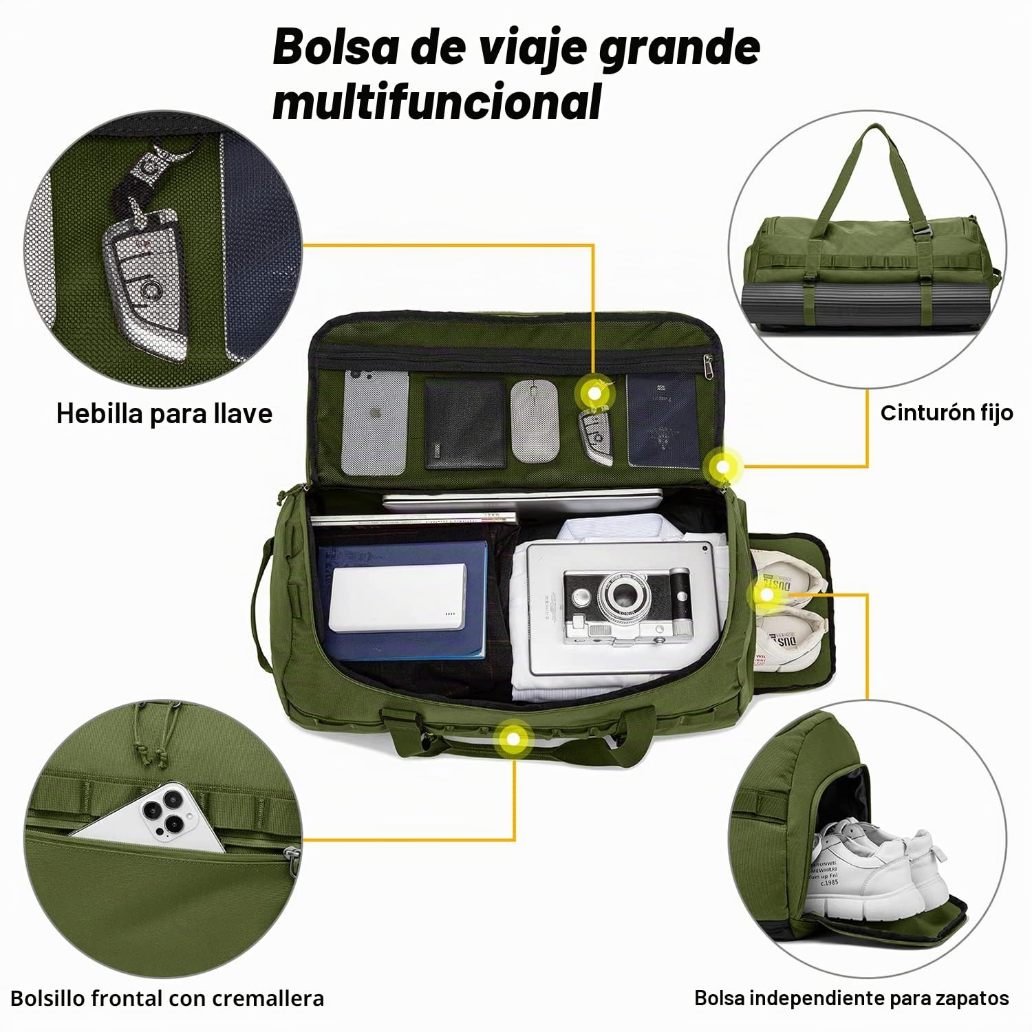Bolsa de viaje de 60 l con compartimento para zapatos, grande, bolsa de deporte, mochila para hombre y mujer, impermeable, para fin de semana, equipaje de mano, 60L-MOLLE