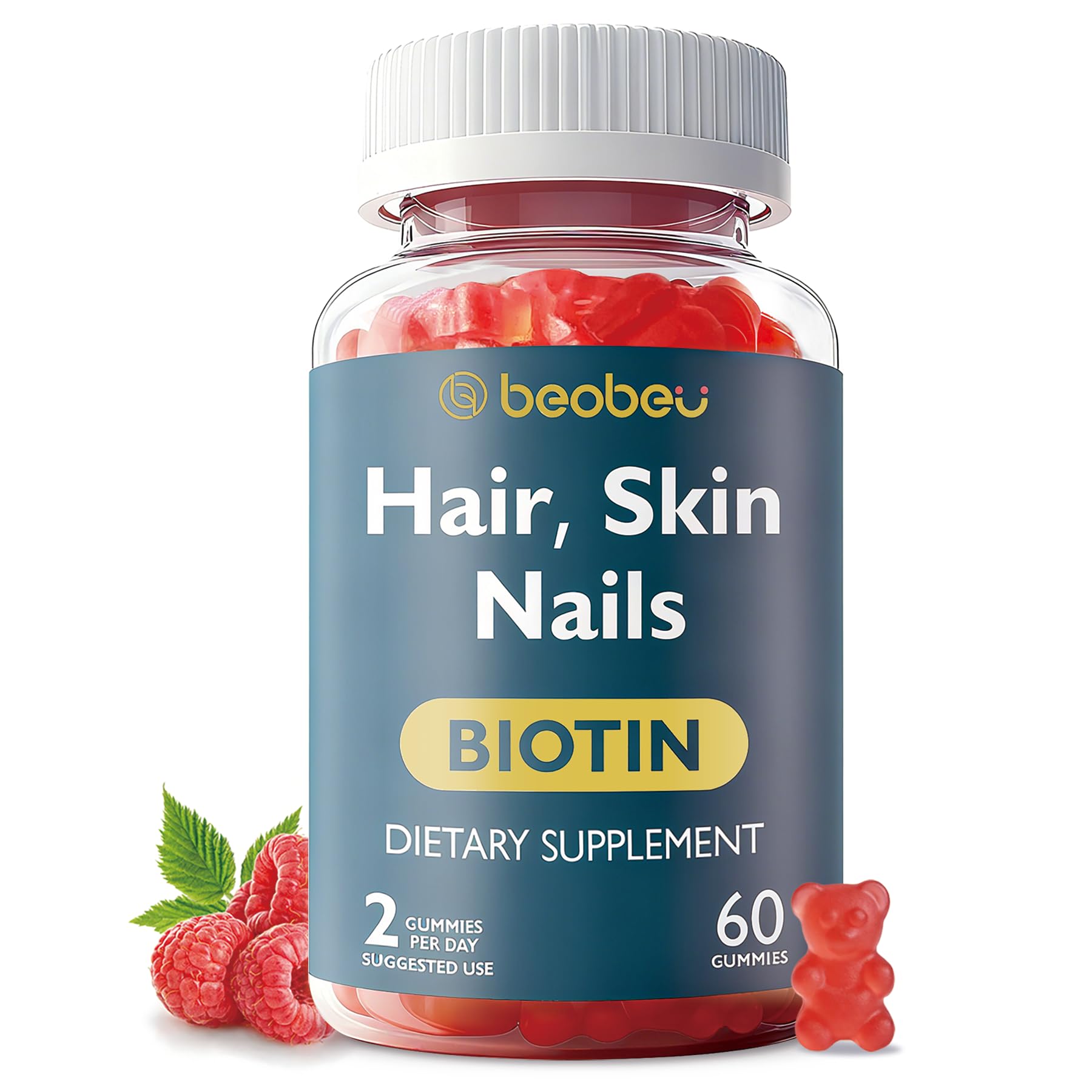 Hair Skin and Nails Biotin Gummies, Supports Hair Growth, Healthy Skin &amp; Stronger Nails, Vegan Hair Vitamins for Women &amp; Men, 30 Day Supply, Raspberry, 60 Count