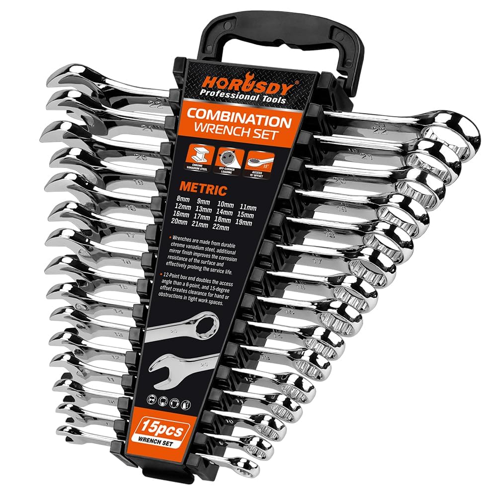 HORUSDY 15-Piece Premium Combination Wrench Set, Chrome Vanadium Steel, "V" Notch Metric Sizes 8,9,10,11,12,13,14,15,16,17,18,19,20,21,22mm, Max Torque Combination Wrench with Storage Rack
