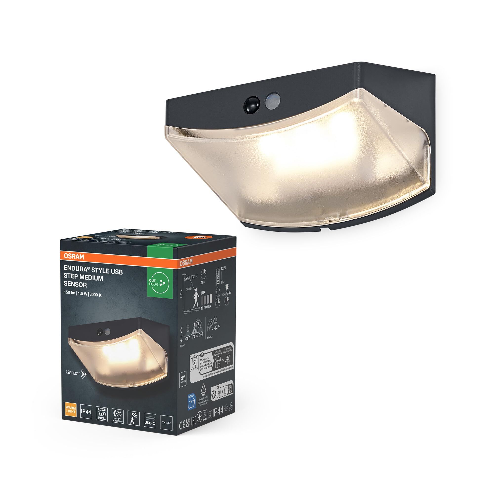 Osram Endura Style USB Wall Step M Sensor IP44 Dark Grey