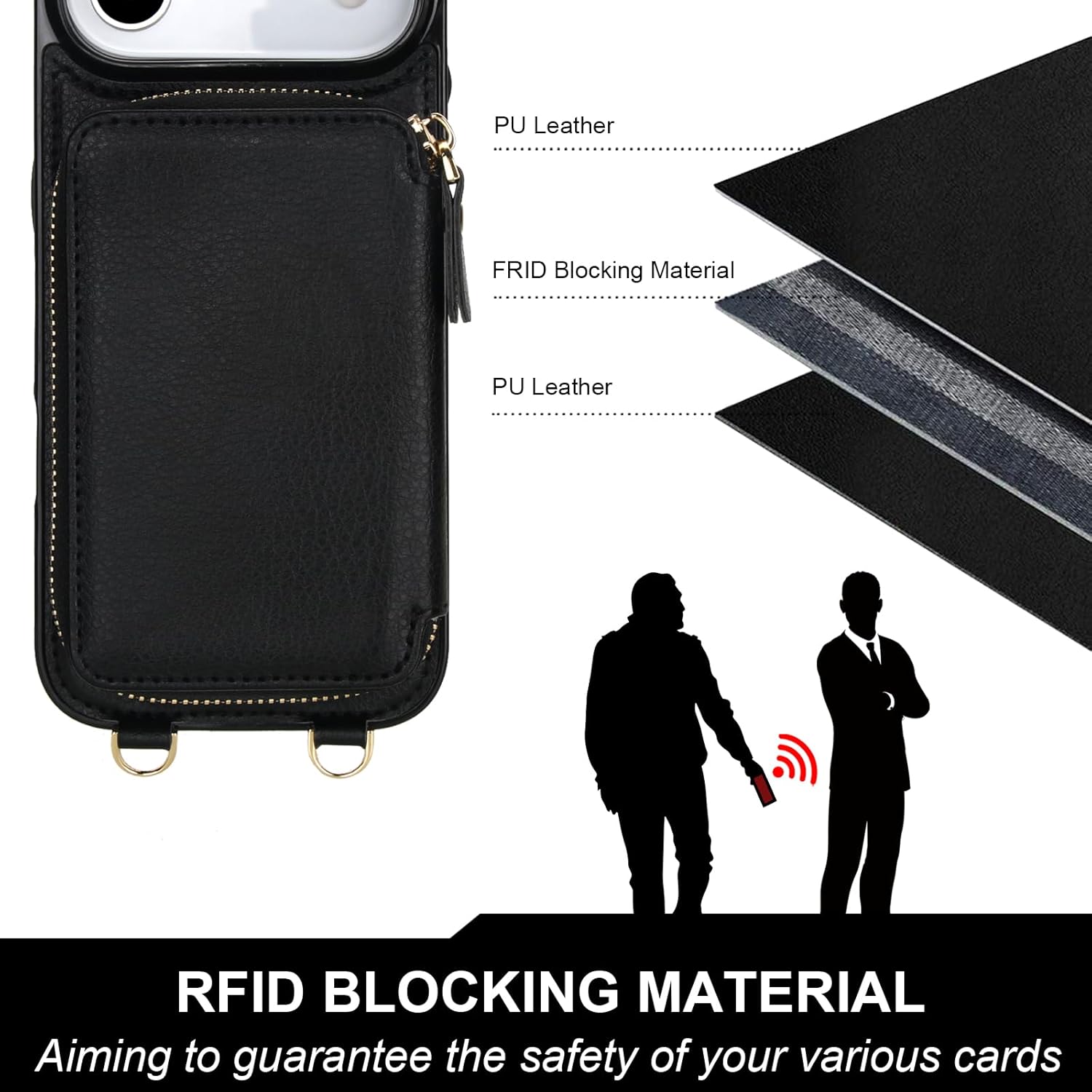 Bocasal for MagSafe Crossbody Wallet Case Compatible with iPhone 17 Air, RFID Blocking Protective Purse Case with Card Slots Holder Kickstand Wrist Strap Lanyard Zipper 6.5 Inch 5G (Black)