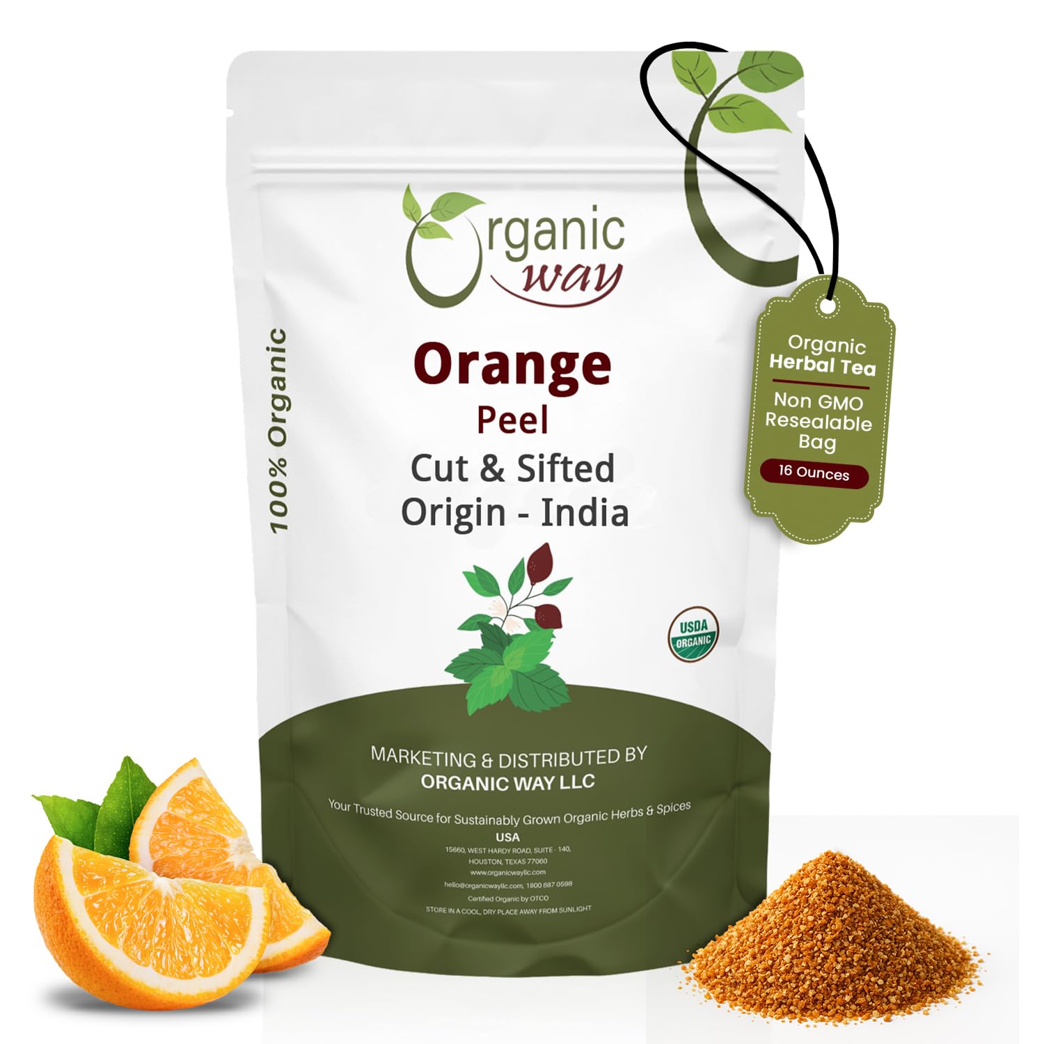 Organic Way Dried Orange Peel Cut & Sifted (Citrus sinensis) - European Wild-Harvest | Organic & Kosher Certified | Vegan, Non GMO & Gluten Free | USDA Certified | Origin - India (1LBS / 16Oz.)
