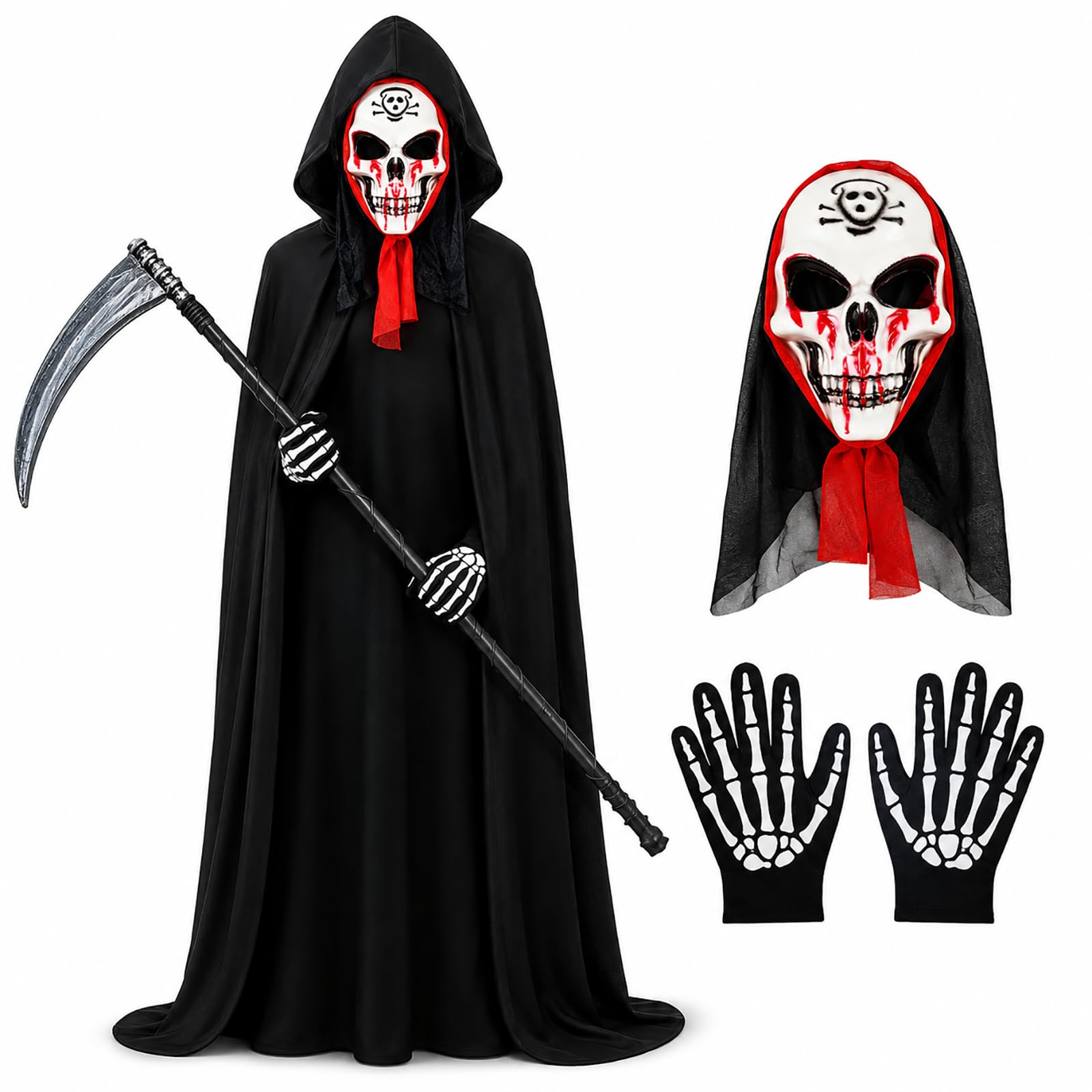 Lxoraziy Disfraz Halloween Muerte 4 Piezas con Capa con Capucha — Máscara de Calaver