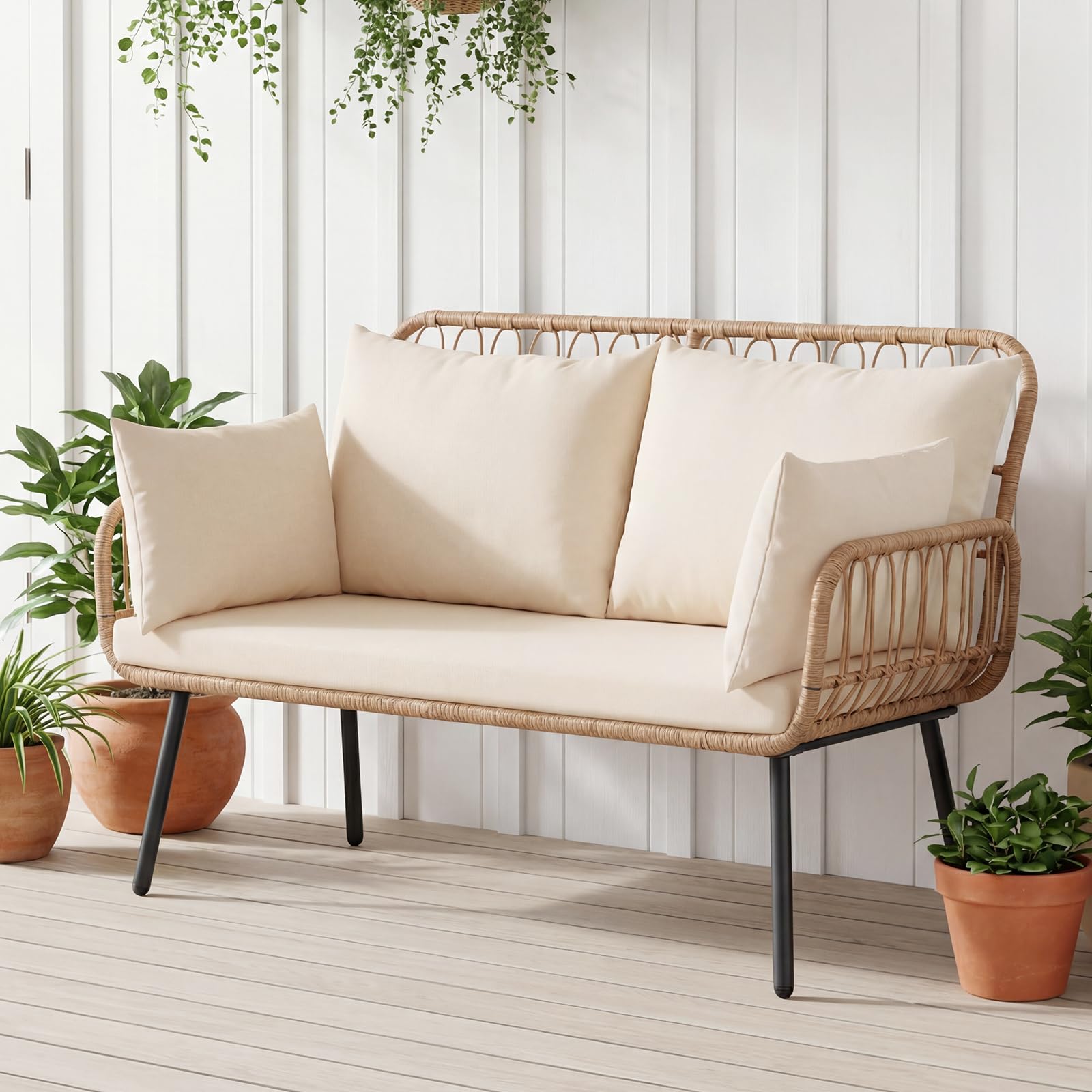 COSTWAY Canapé de Jardin 2 Places en Rotin PE, Banc de Jardin avec Coussins, Oreillers, Cadre en Métal, Pieds Réglables, Banquette pour Balcon Terrasse Piscine, Charge 300 kg, 118 x 62 x 81 cm