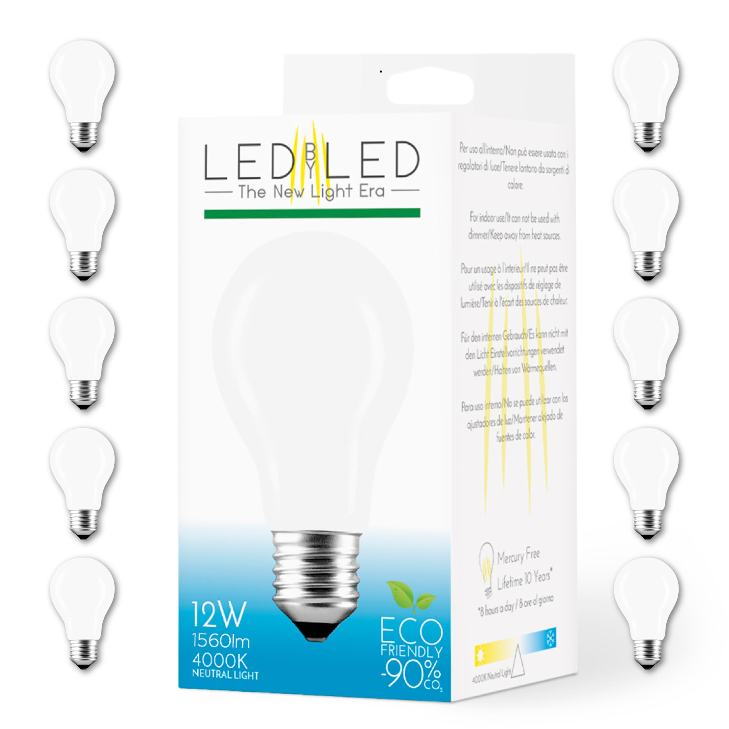 Lampadina Goccia 12W Pari a 120W, E27, Vetro Milky, 4000K Luce Naturale, filamento LED dritto, 1560 Lumen, Pack 10 Pezzi